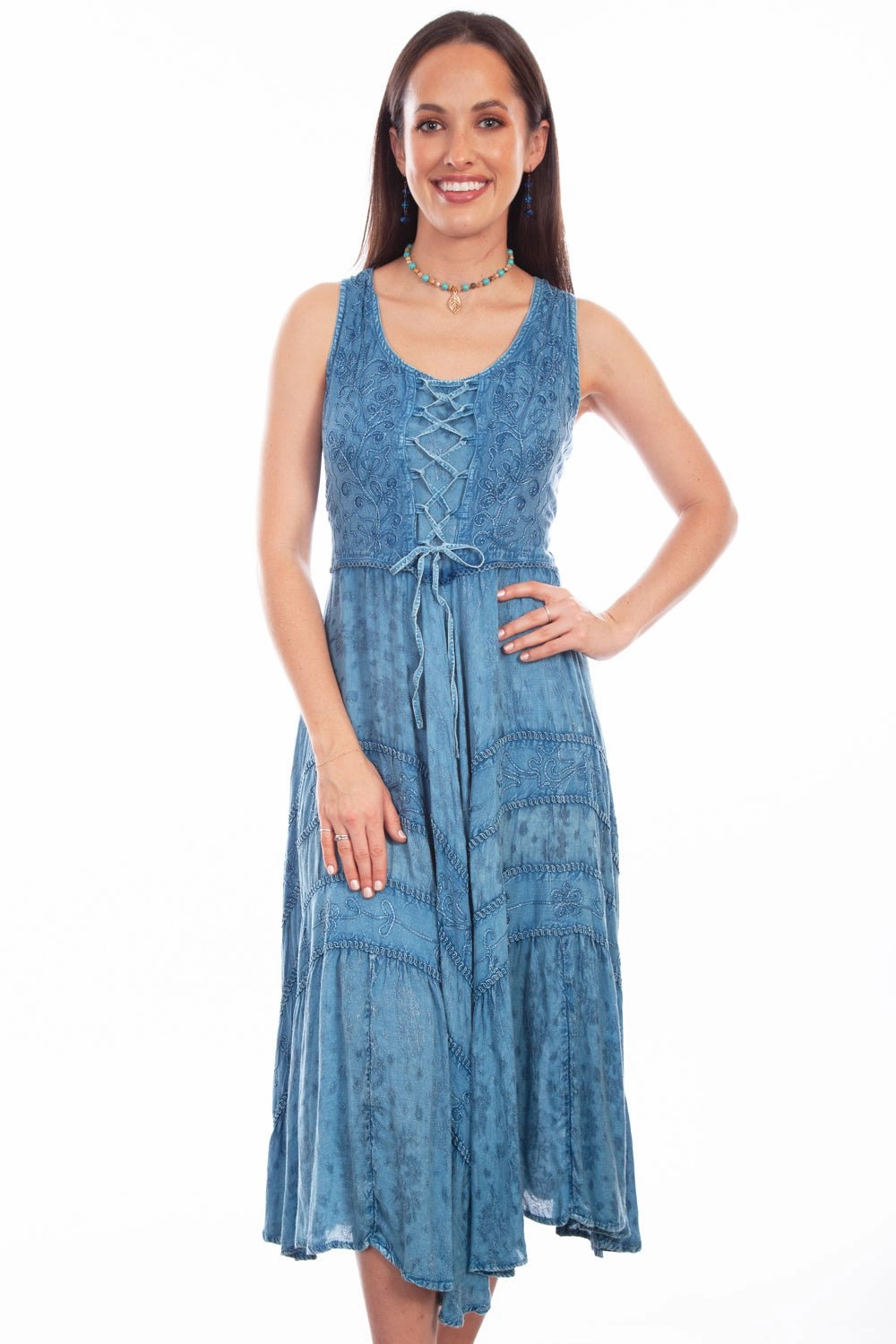 Scully Womens Light Denim Rayon Full Length Lace S/L Dress Versatile Piece Trendy Tailoring