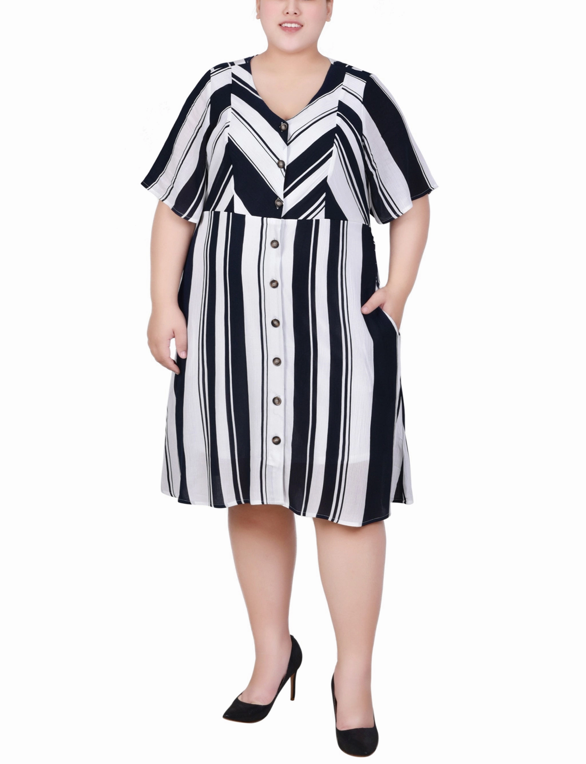 Fluid Fabric Plus Size Elbow Sleeve Button Front Dress