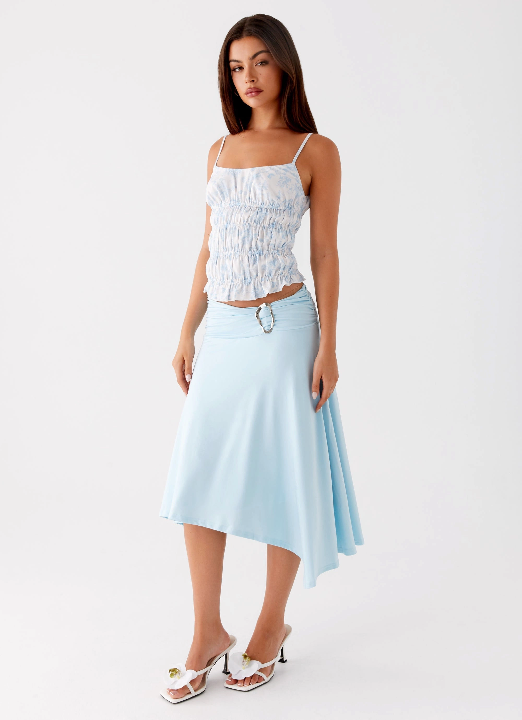Brisa Midi Skirt - Turquoise Crossback Strap Flowy Drape