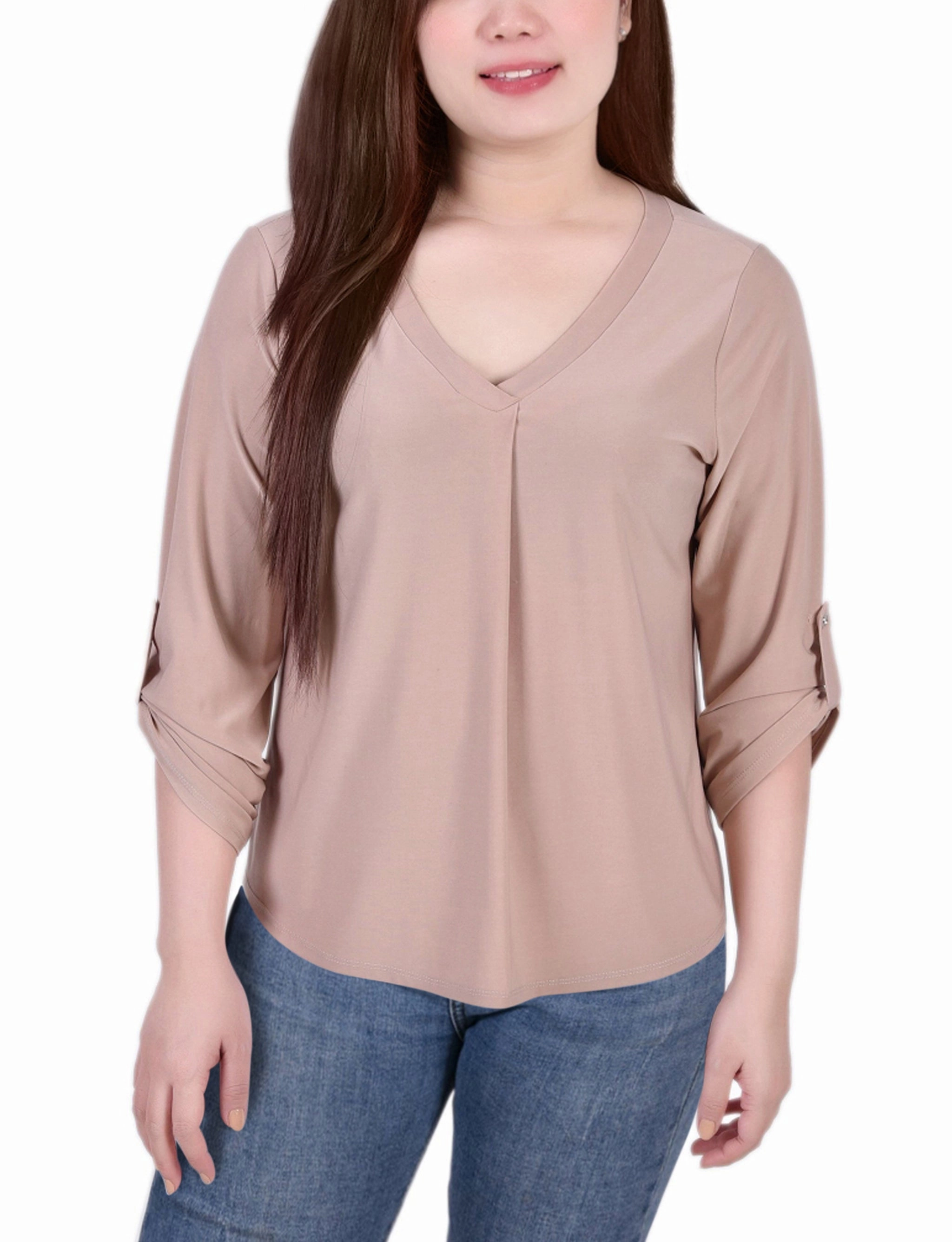 3/4 Sleeve V Neck Top Shrinkage Prevention Treatment LightweightLayeredFabric
