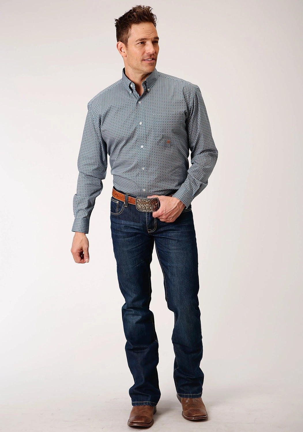 Corporate Retreat Roper Mens Blue 100% Cotton Geo BD L/S 1 Pocket Shirt