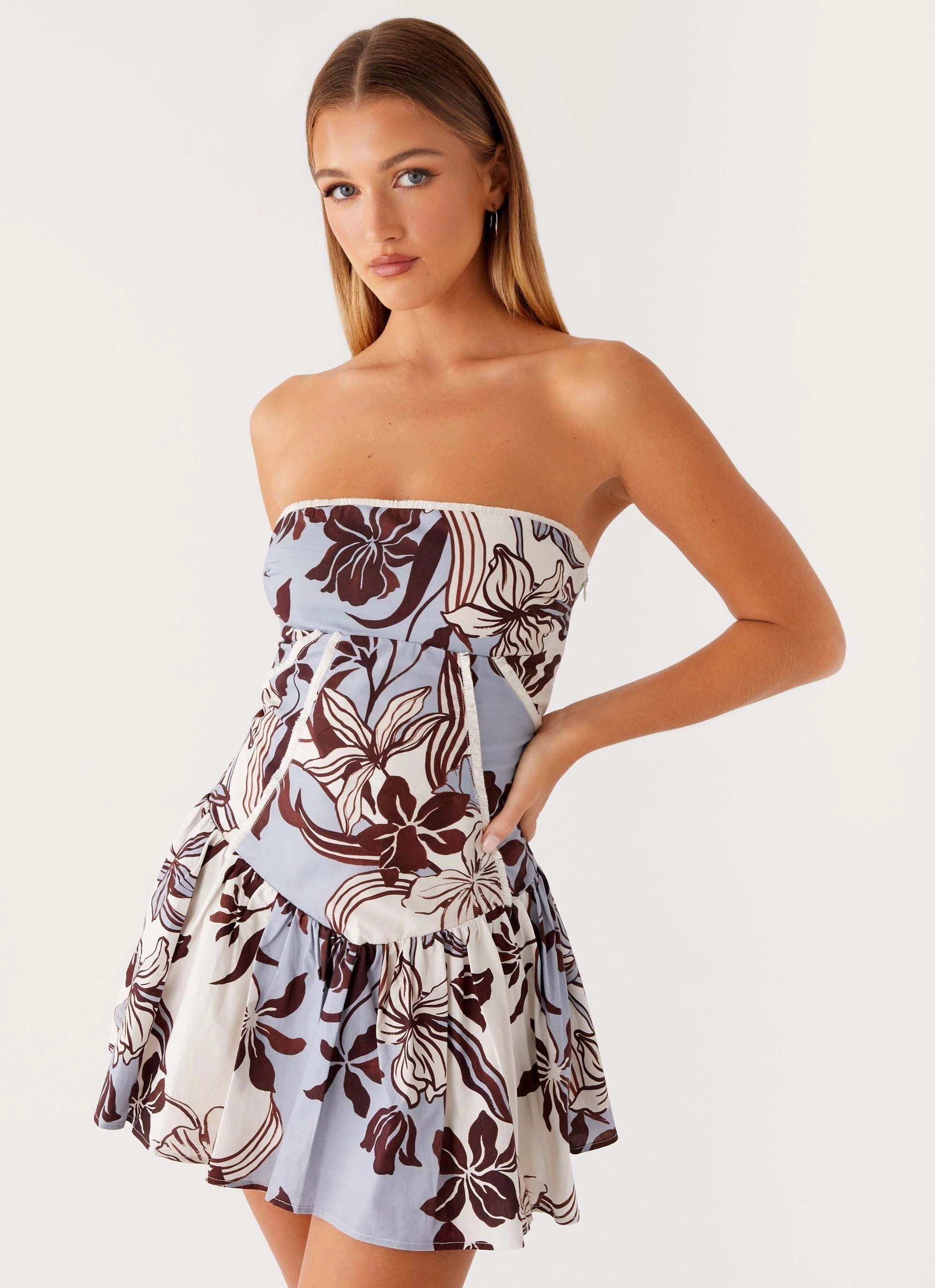 Tiered Skirt Larnie Linen Mini Dress - Bluewood Blossom