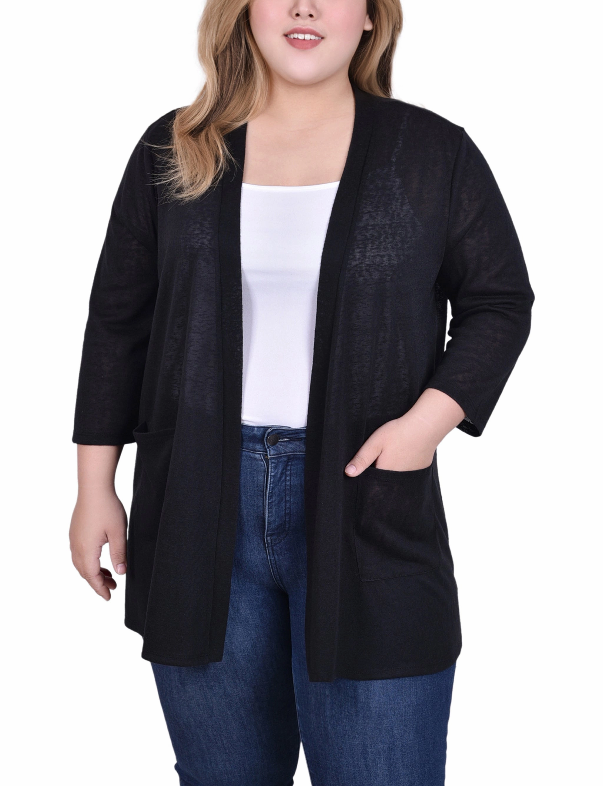 ButterySoftTextile Plus Size 3/4 Sleeve Two Pocket Cardigan
