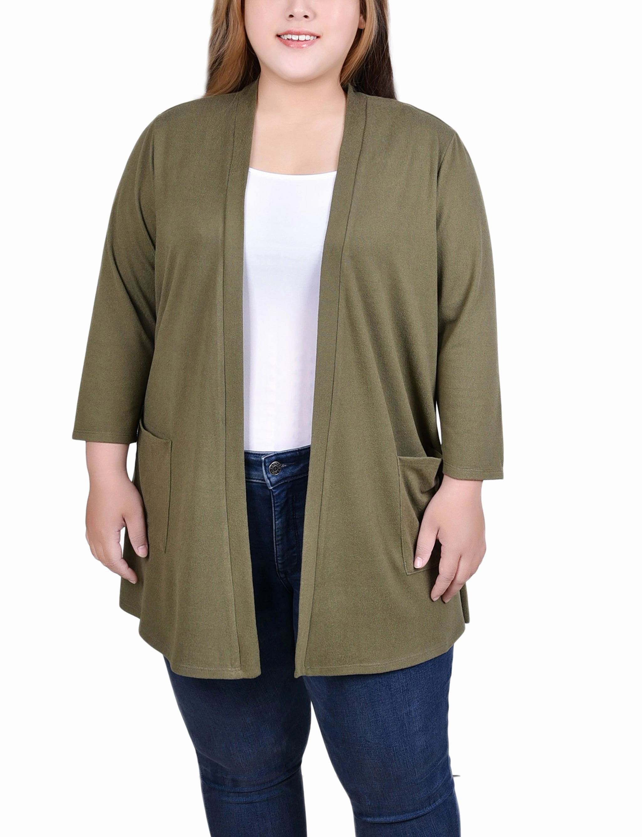 Plus Size 3/4 Sleeve Two Pocket Cardigan TearResistantWeave