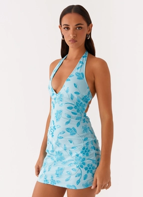 Merida Halterneck Beaded Mini Dress - Blue Quick Look Soft Drape