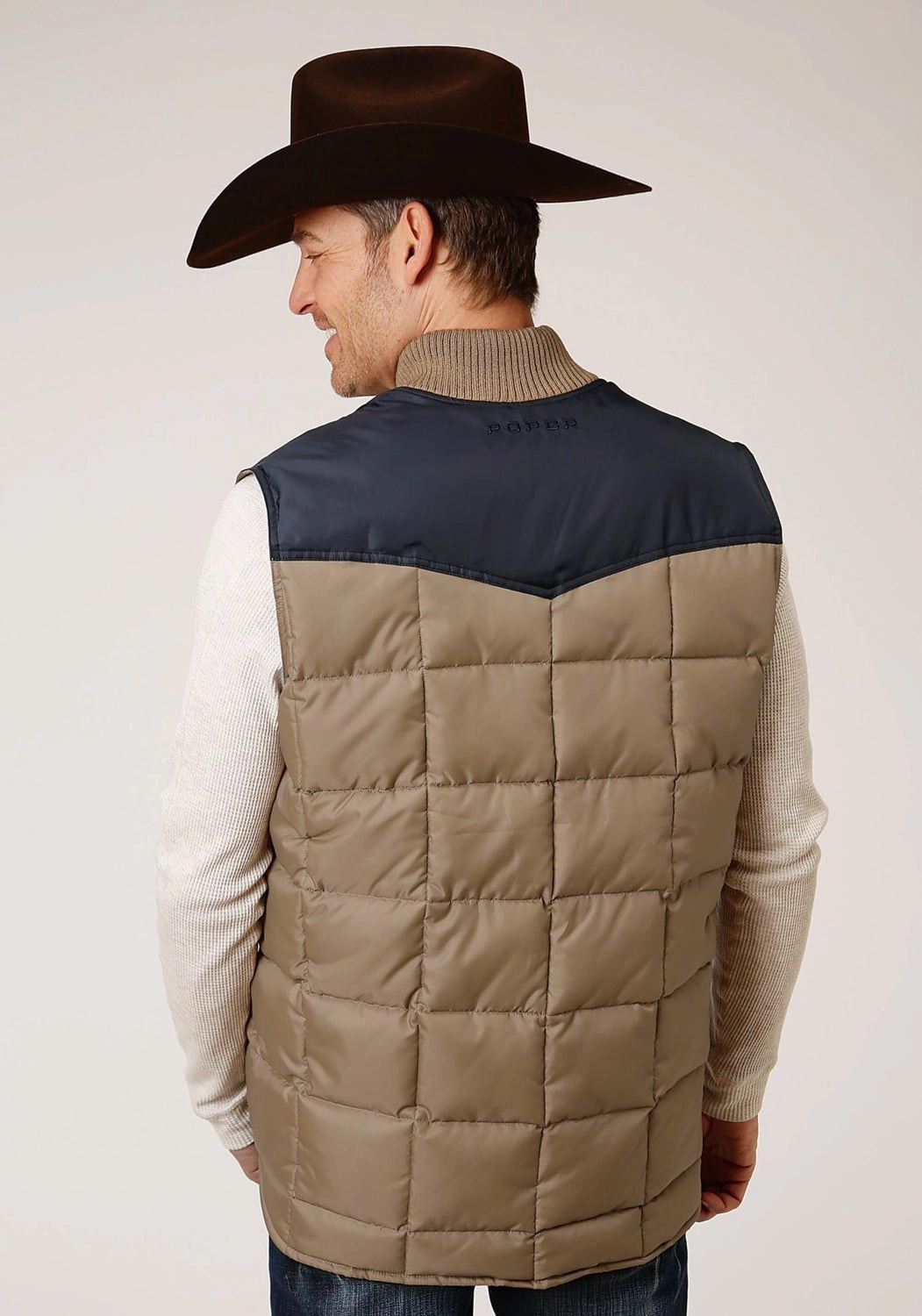 Anti Pill Surface Roper Mens Khaki/Blue Polyester Quilted Insulated Vest
