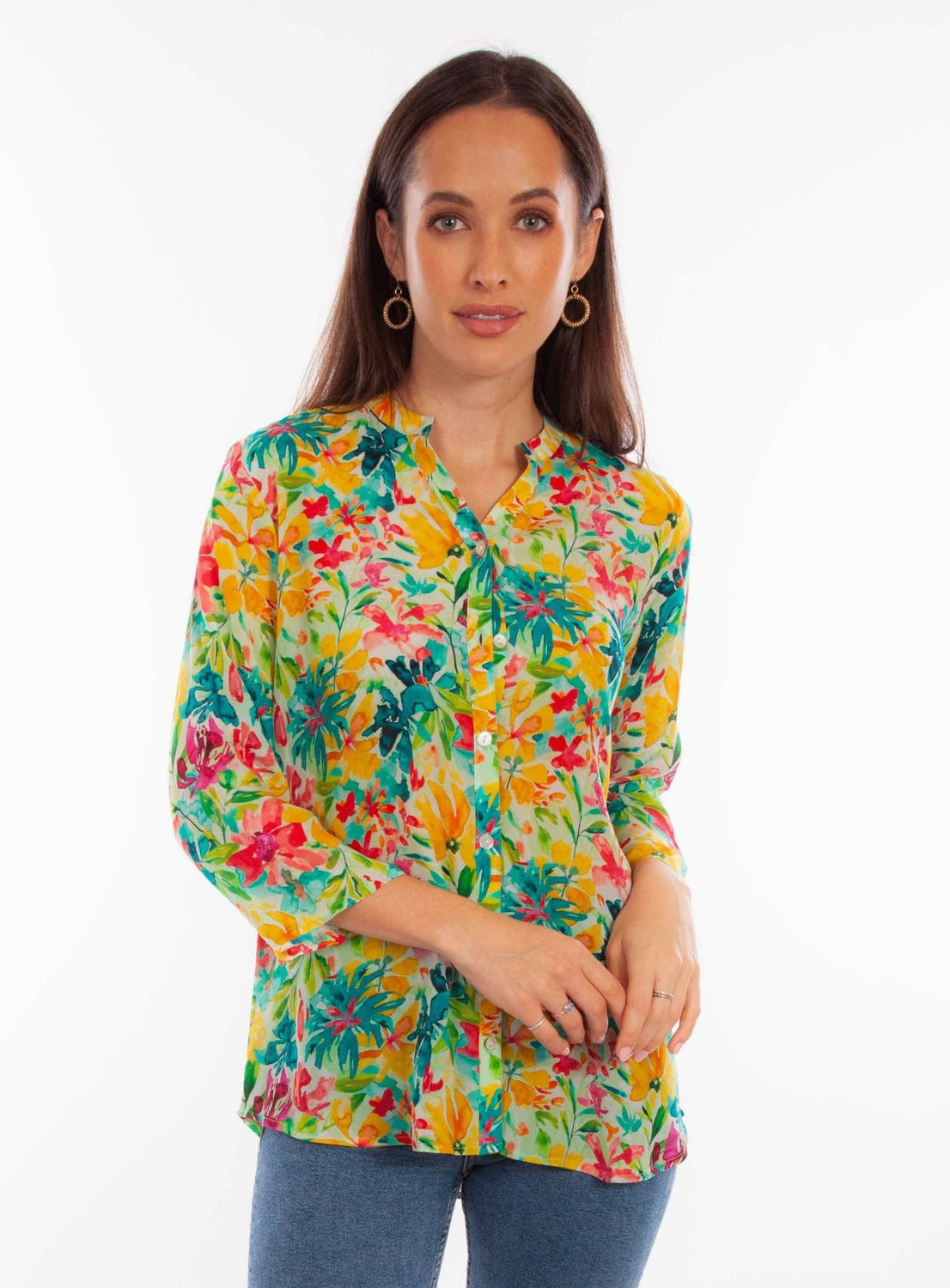 Scully Womens Tropical Print Tropical Viscose 3/4 Sleeve S/S Blouse Neutral Colors