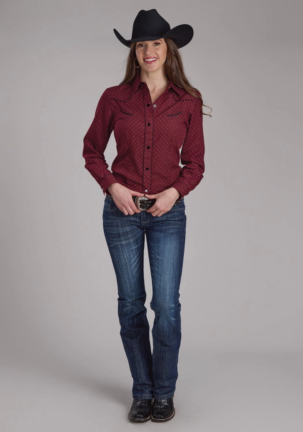 Moisture Wicking Layer All-day Comfort Roper Womens 2287 Dot Print Wine Poly/Cotton L/S Shirt