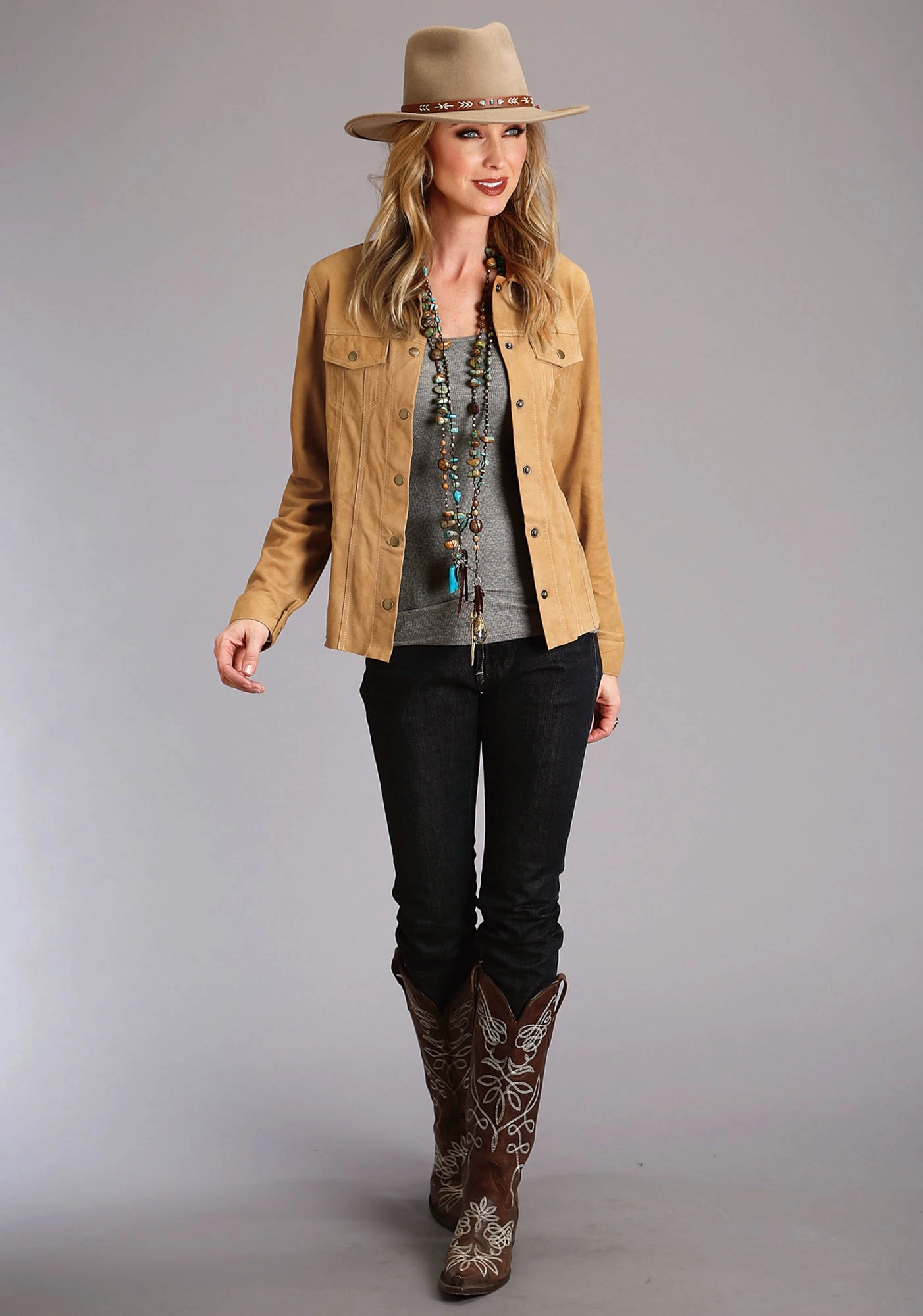 Non Restrictive Mobility Modular Design Stetson Womens Unlined Snap Front Brown Suede Leather Jacket