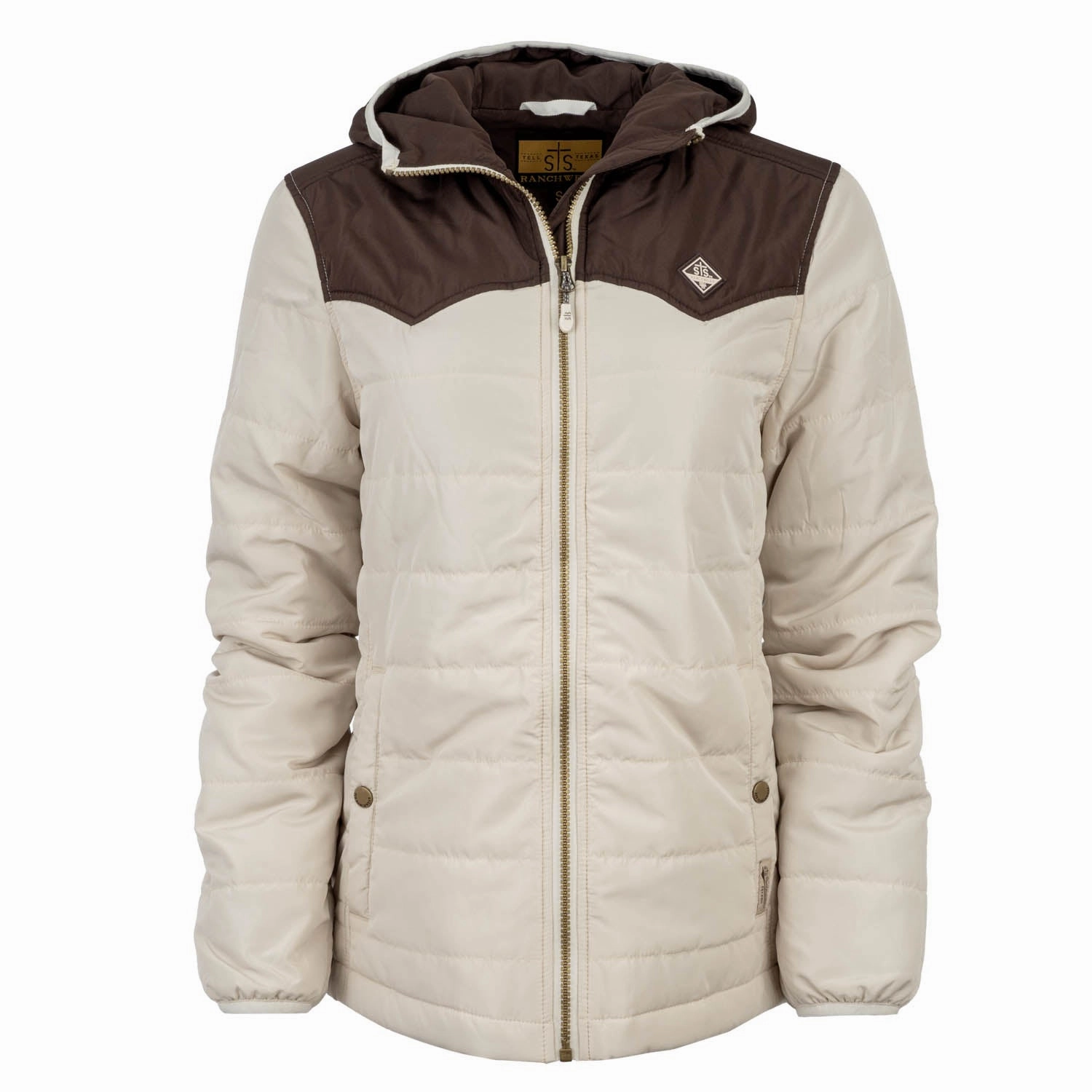 STS Ranchwear Womens Rowan Cream/Brown 100% Polyester Softshell Jacket Non Restrictive Silhouette Water Resistant Shell