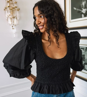 Veronika Blouse | Black Layered Collar Structure