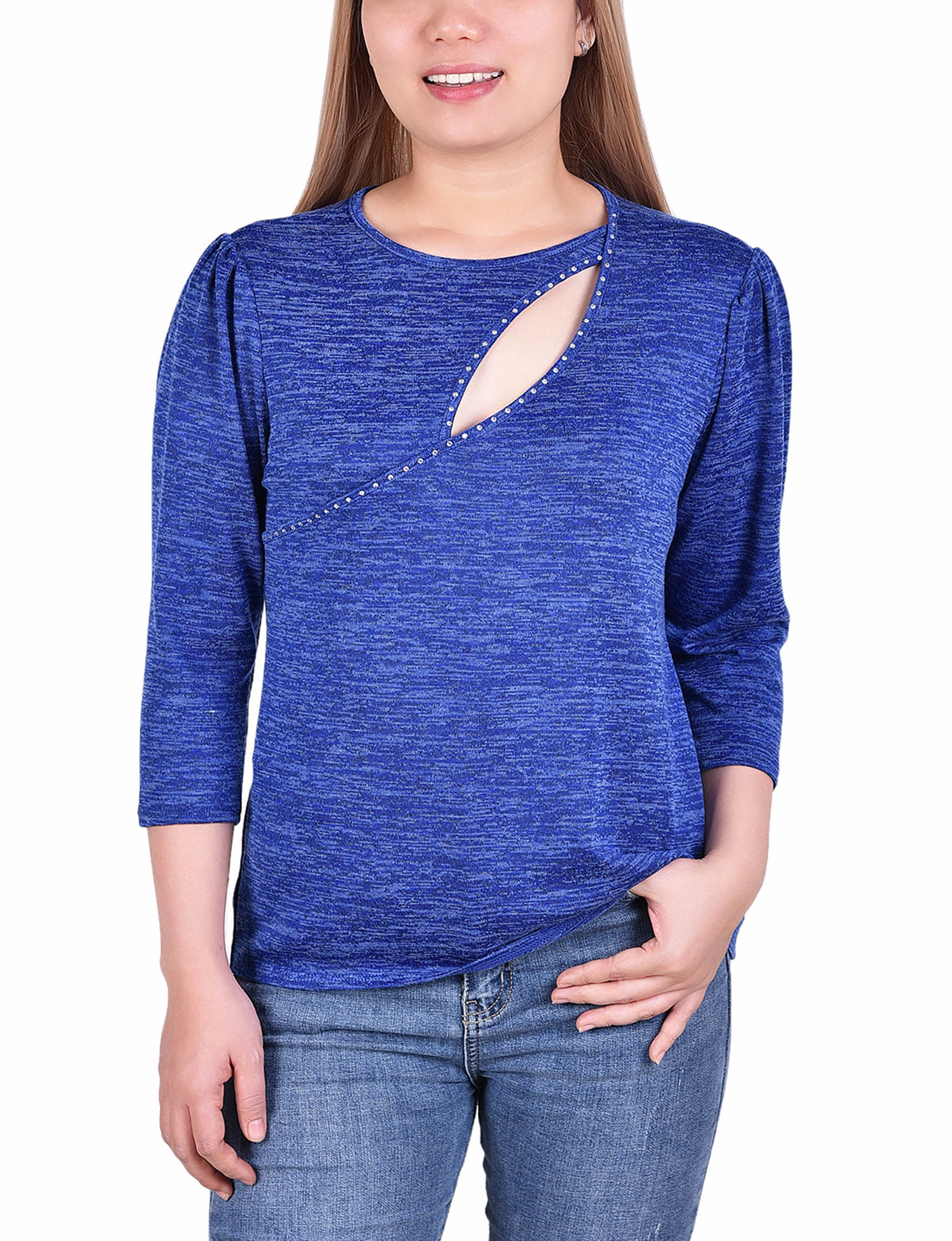 PolyesterBlend SlipResistant 3/4 Sleeve Cutout Neck Top With Studs
