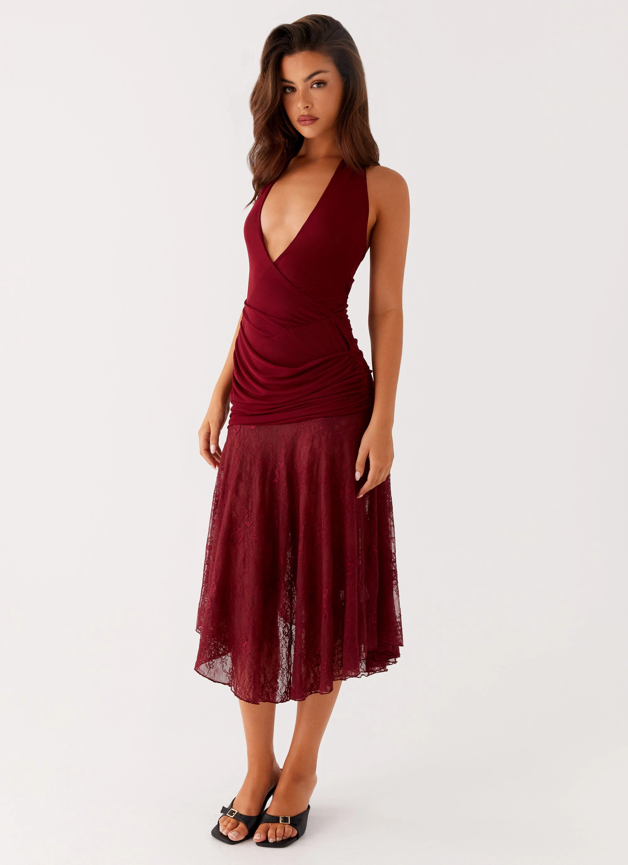 Runway Inspired Stretch Comfort Burnout Midi Dress - Maroon