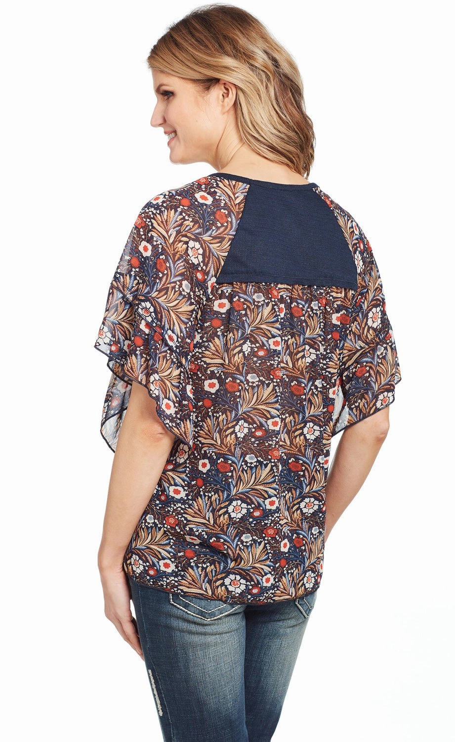 Cowgirl Up Womens Blue Multi Polyester Waffle Knit Tunic S/S Eco Dye Technique Morning Comfort