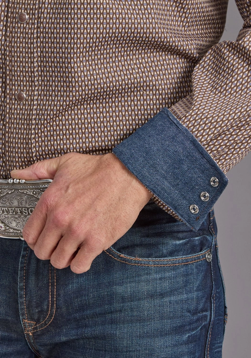 Odor Control Fabric Stetson Mens Blue Line Diamonds Brown 100% Cotton L/S Shirt