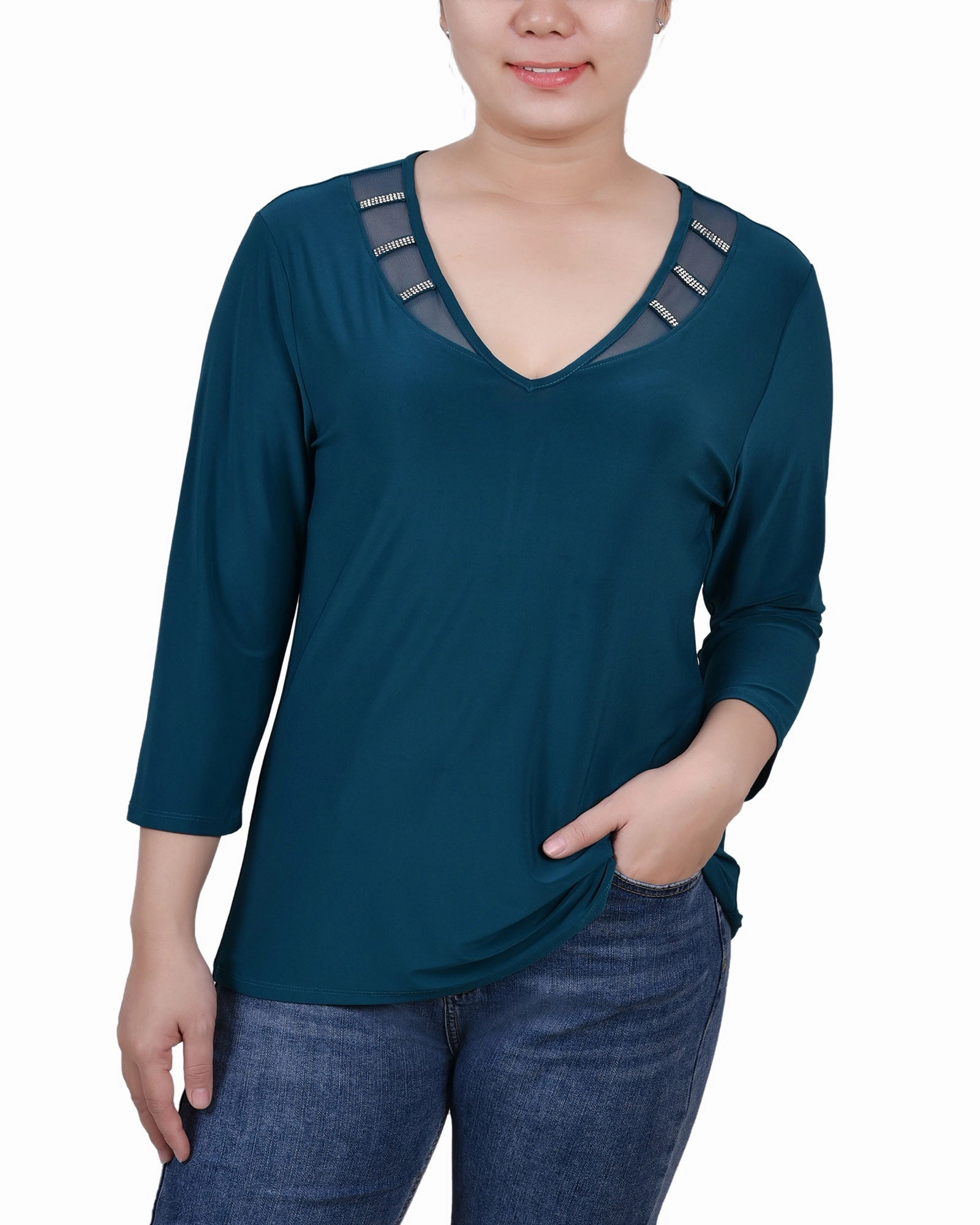 SeamlessKnitConstruction RibbedCuff Petite 3/4 Sleeve Top With Illusion Neckline and Stones