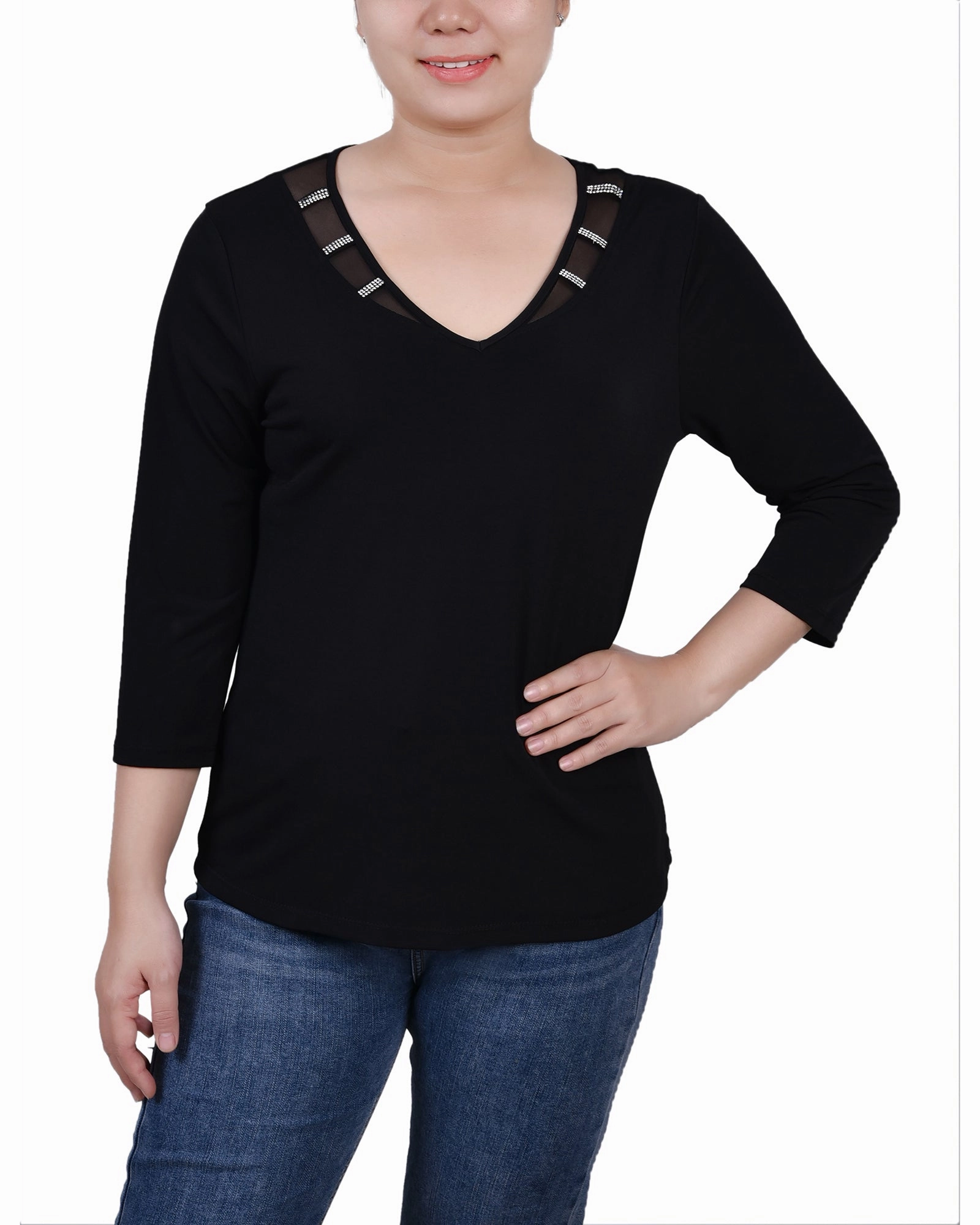 Petite 3/4 Sleeve Top With Illusion Neckline and Stones Soft Sweater