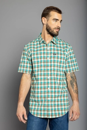 Kimes Ranch Mens Go Round Plaid Teal Cotton Blend L/S Shirt Local Favorite Polished Finish