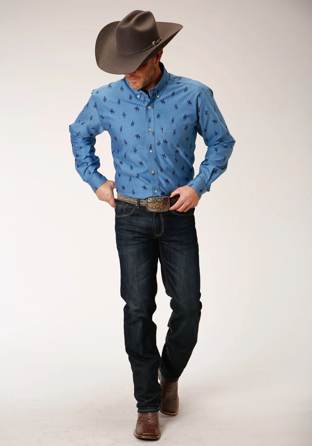 Roper Mens Blue Cotton Blend Horseman Oxford BD L/S 1 Pkt Shirt Unique Design
