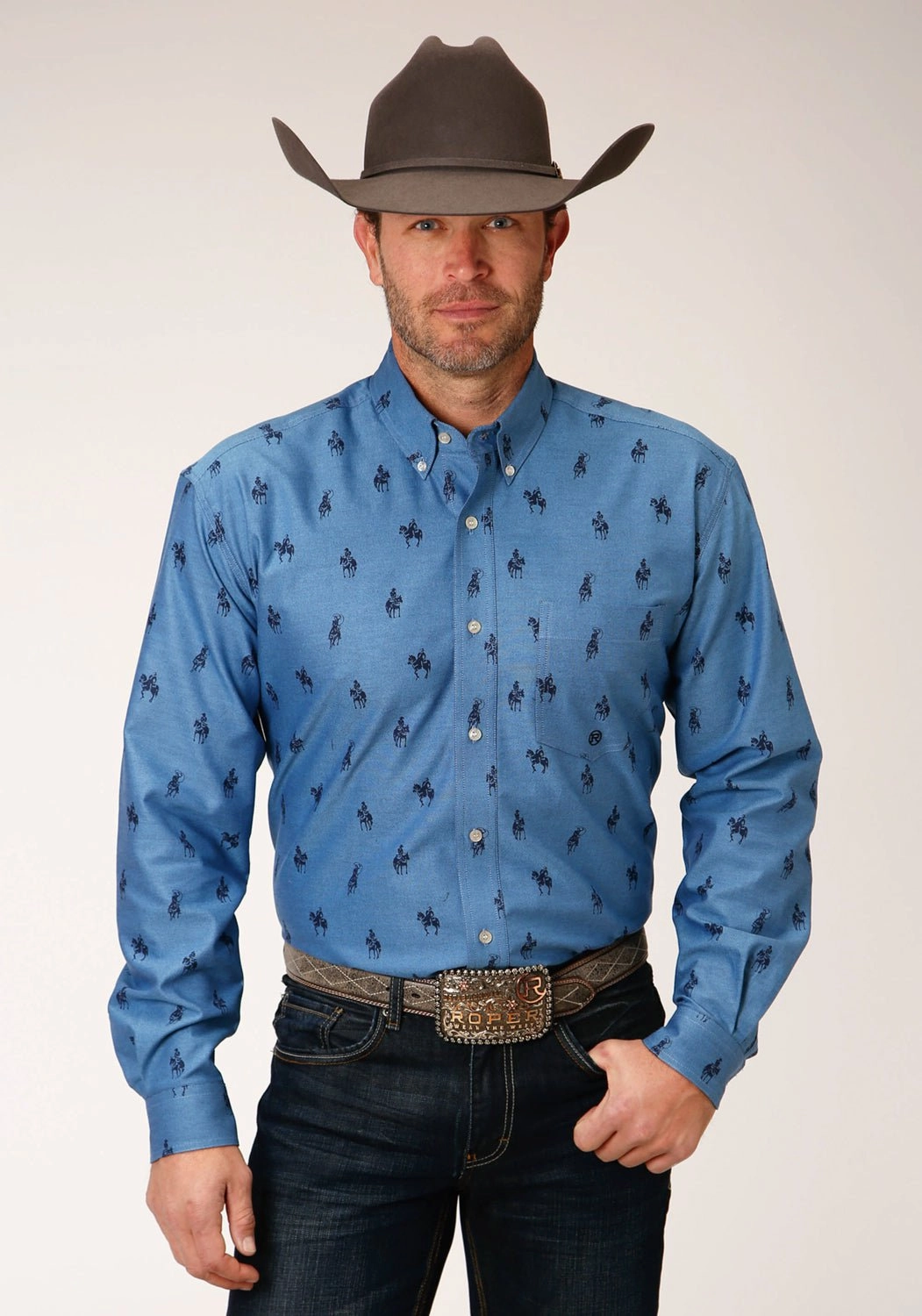 Polished Finish Roper Mens Blue Cotton Blend Horseman Oxford BD L/S 1 Pkt Shirt
