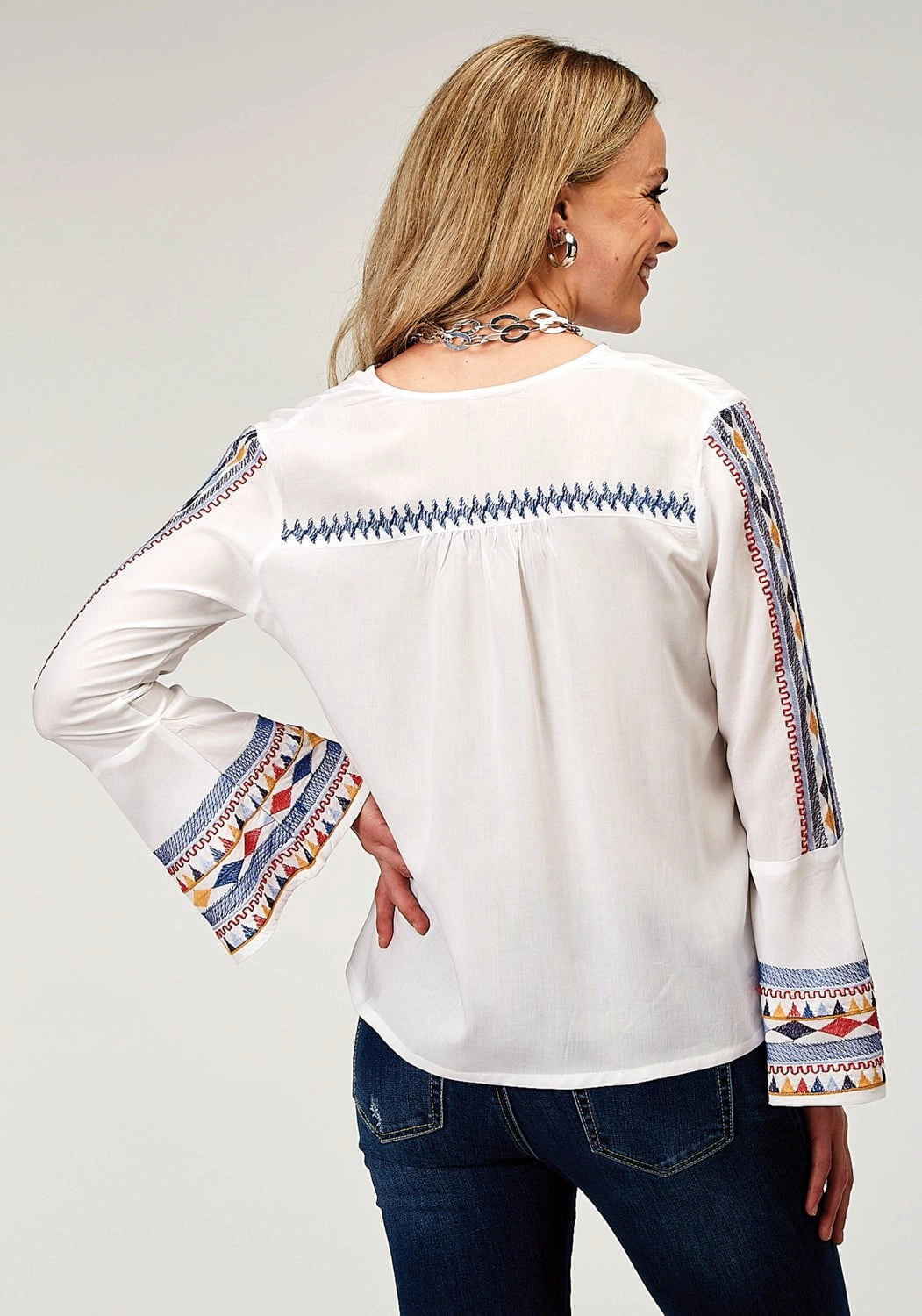 Organic Cotton Slim Silhouette Roper Womens Embroidered Split Neck White 100% Rayon L/S Tunic