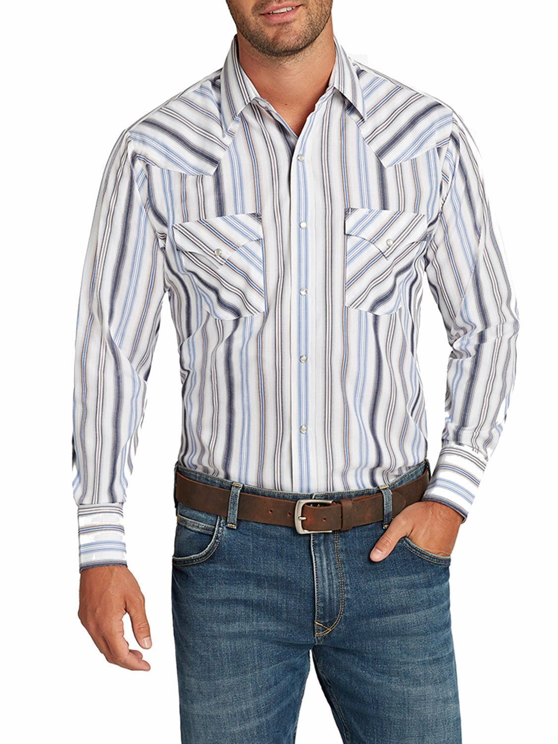 Ely and Walker Mens Striped Snap White Poly/Cotton L/S Shirt Day-To-Night Wear