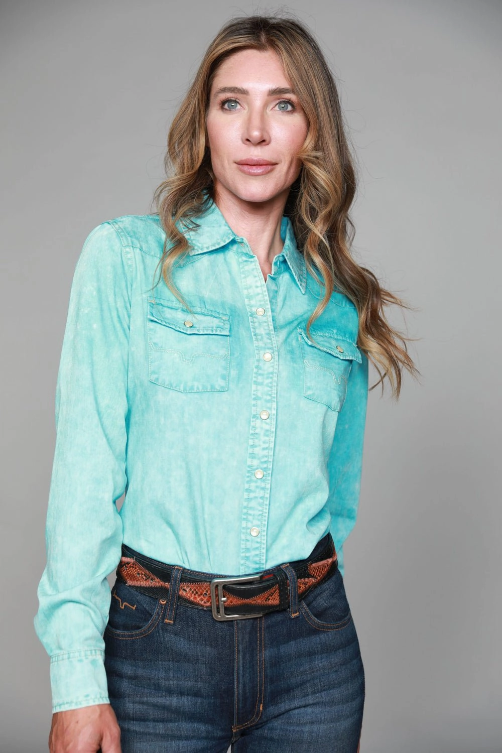 Contemporary Look Ethical production Kimes Ranch Womens KC Top Turquoise 100% Tencel L/S Western Shirt