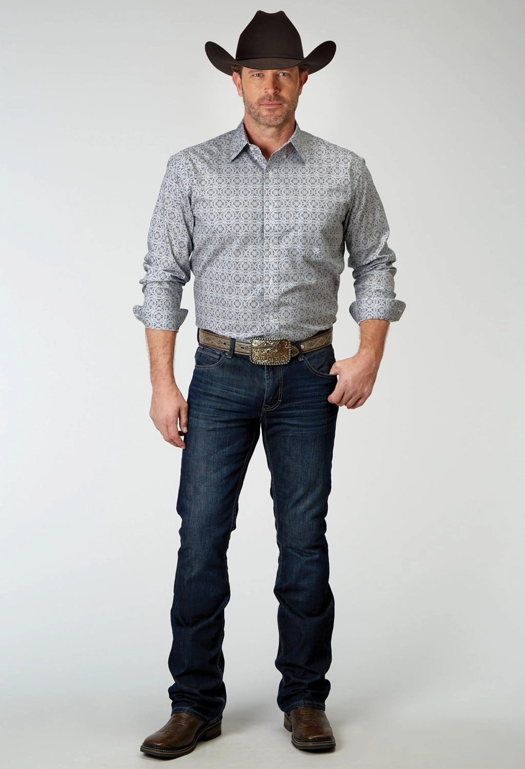 Mature Elegance Roper Mens Silver Medallion Grey 100% Cotton L/S Shirt