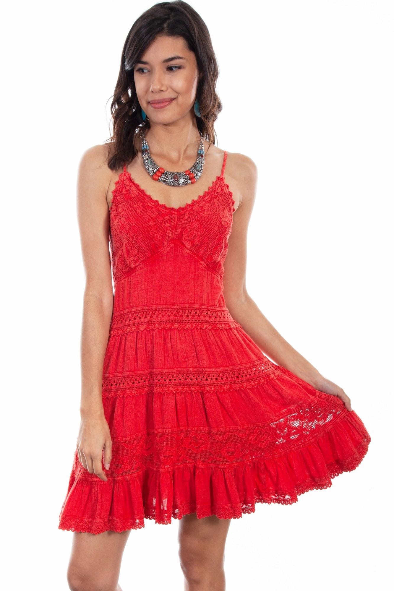 Scully Womens Brick 100% Cotton Crochet S/L Dress Seasonless Style Double Layered Collar