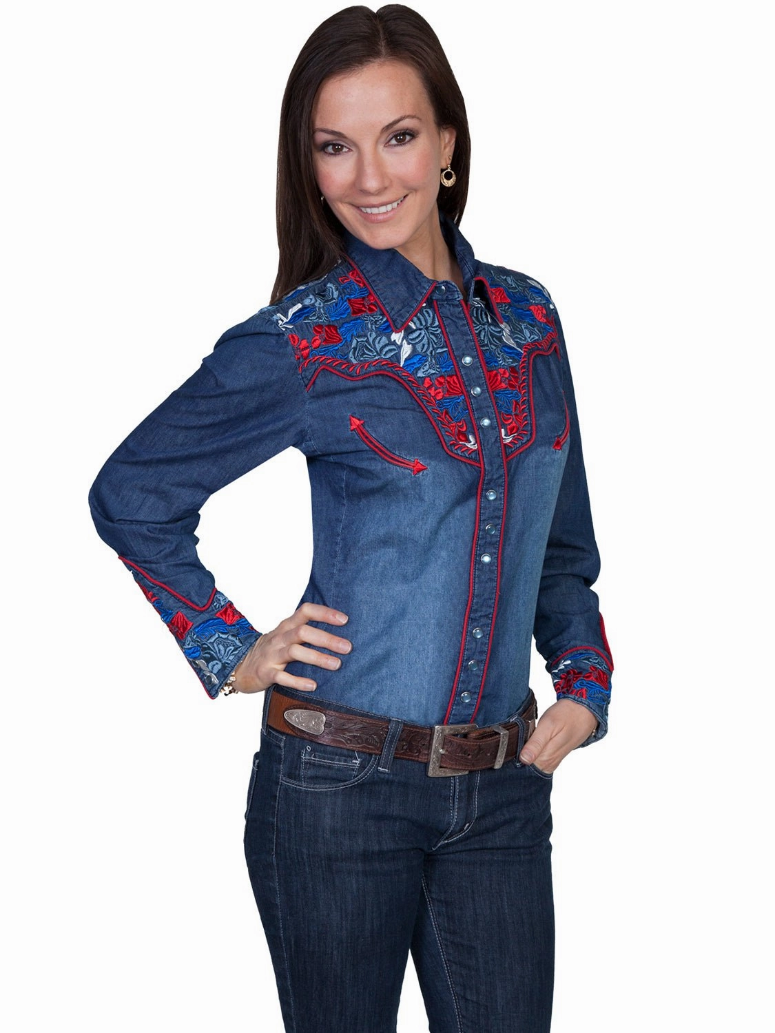 Bold Print Scully Western Womens Denim Polyester L/S Multi-Floral Western Shirt