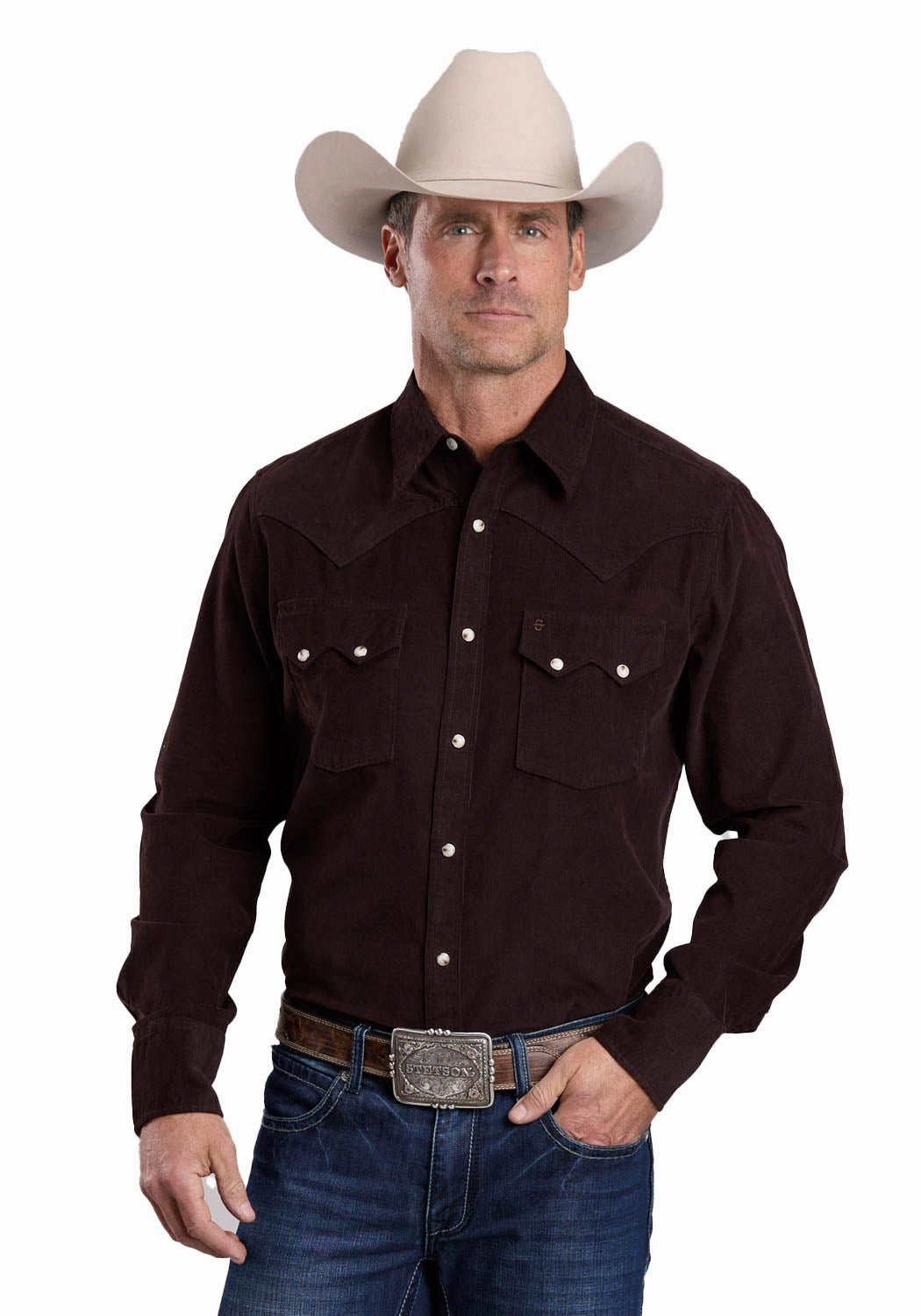 Stetson Mens Corduroy Western Brown 100% Cotton L/S Shirt Work Appropriate High-End Fashion