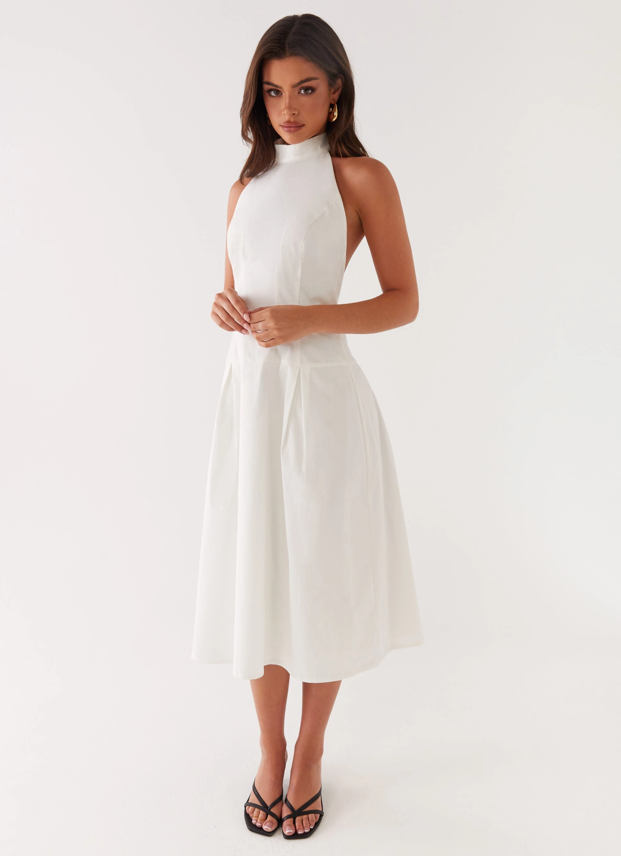 Calla Halter Midi Dress - White Natural Drape Smart and Polished