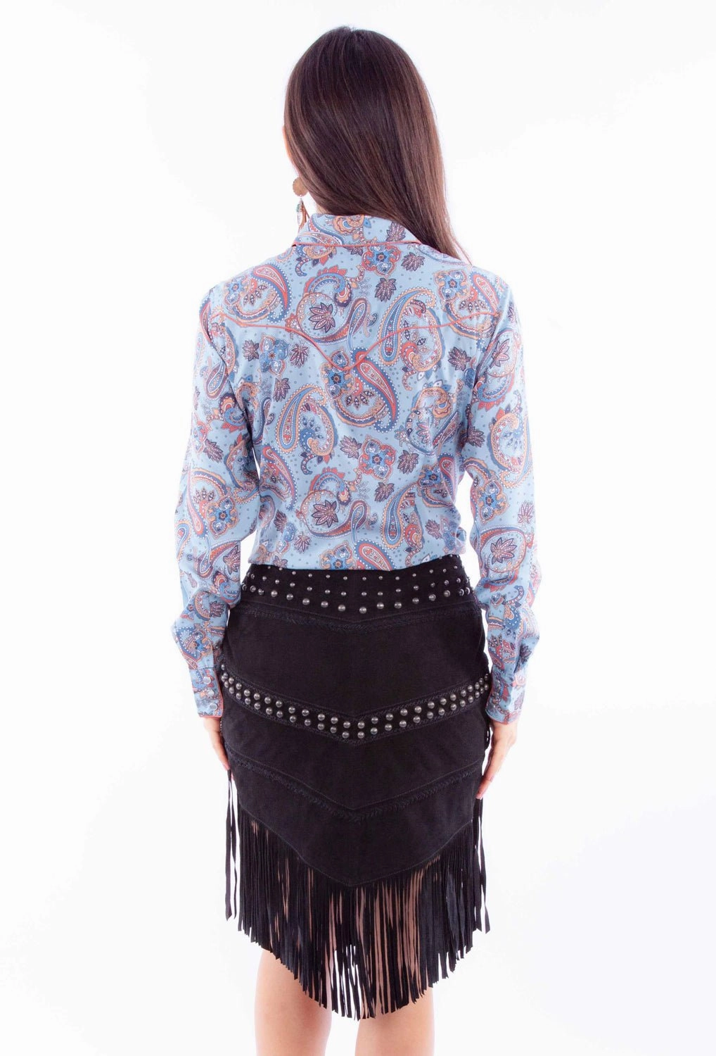 Breathable fabric Easy Vibe Scully Womens Concho Fringe Black Lamb Suede Skirt