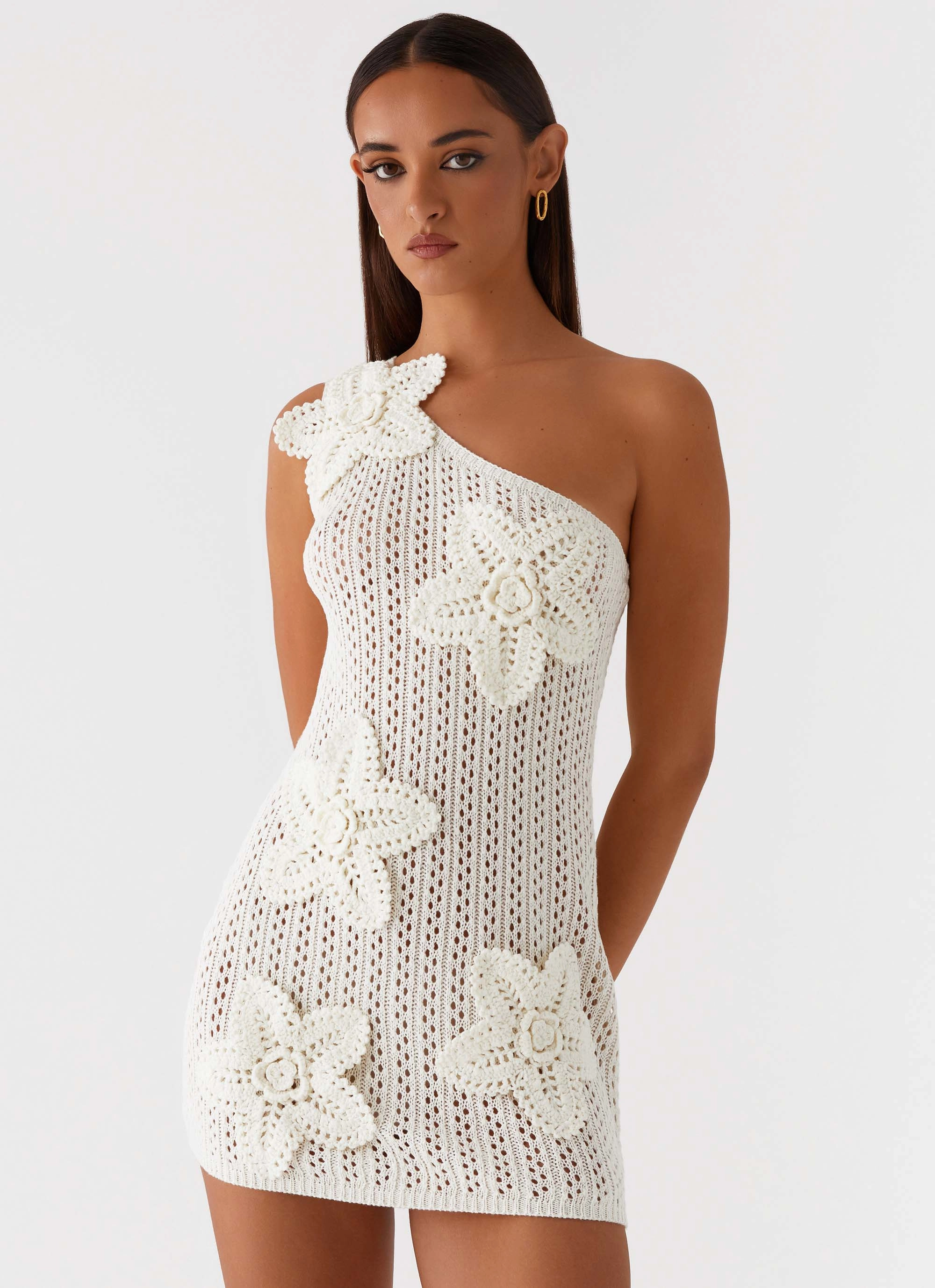 Afterglow One Shoulder Crochet Mini Dress - Ivory Fashionably Warm