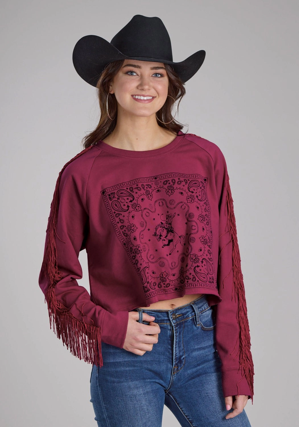 Roper Womens Paisley Square Fringe Wine 100% Cotton Sweatshirt TapedSeamConstruction