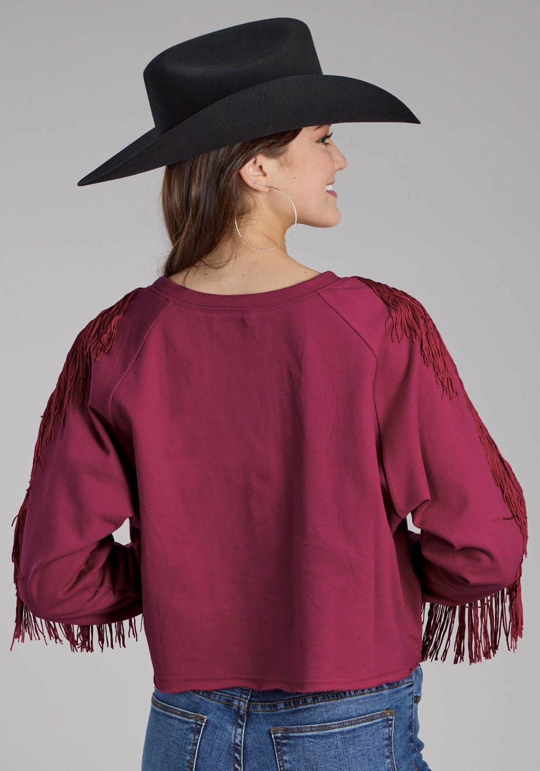 Roper Womens Paisley Square Fringe Wine 100% Cotton Sweatshirt Clean Lines