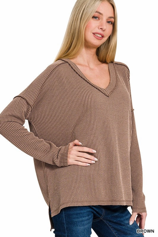 Carly Corded Rib Long Sleeve Hi-low V Neck Top S-XL Lightweight Weave
