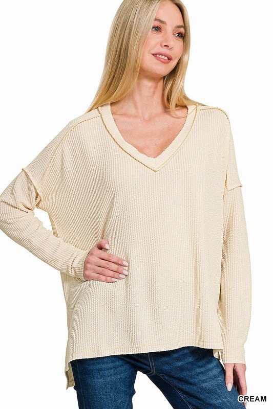 Carly Corded Rib Long Sleeve Hi-low V Neck Top S-XL MoistureWicking Technology SmoothZipper