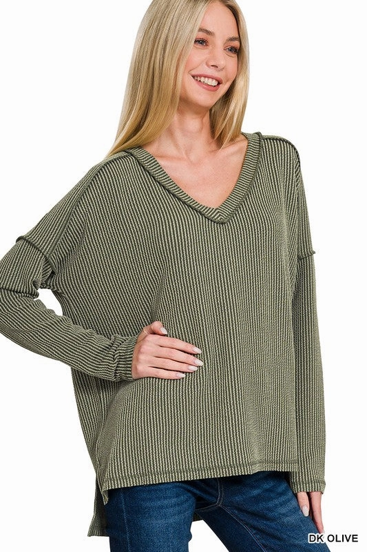 Carly Corded Rib Long Sleeve Hi-low V Neck Top S-XL High Neckline