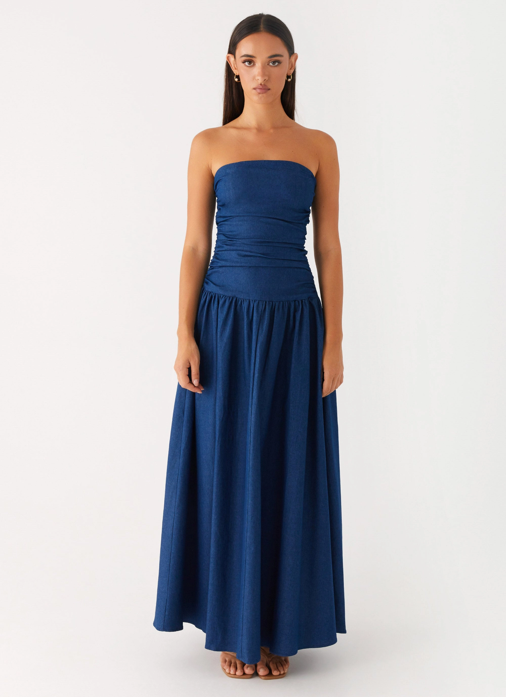 Carmel Denim Maxi Dress - Indigo Refined Cut Sleek Volume