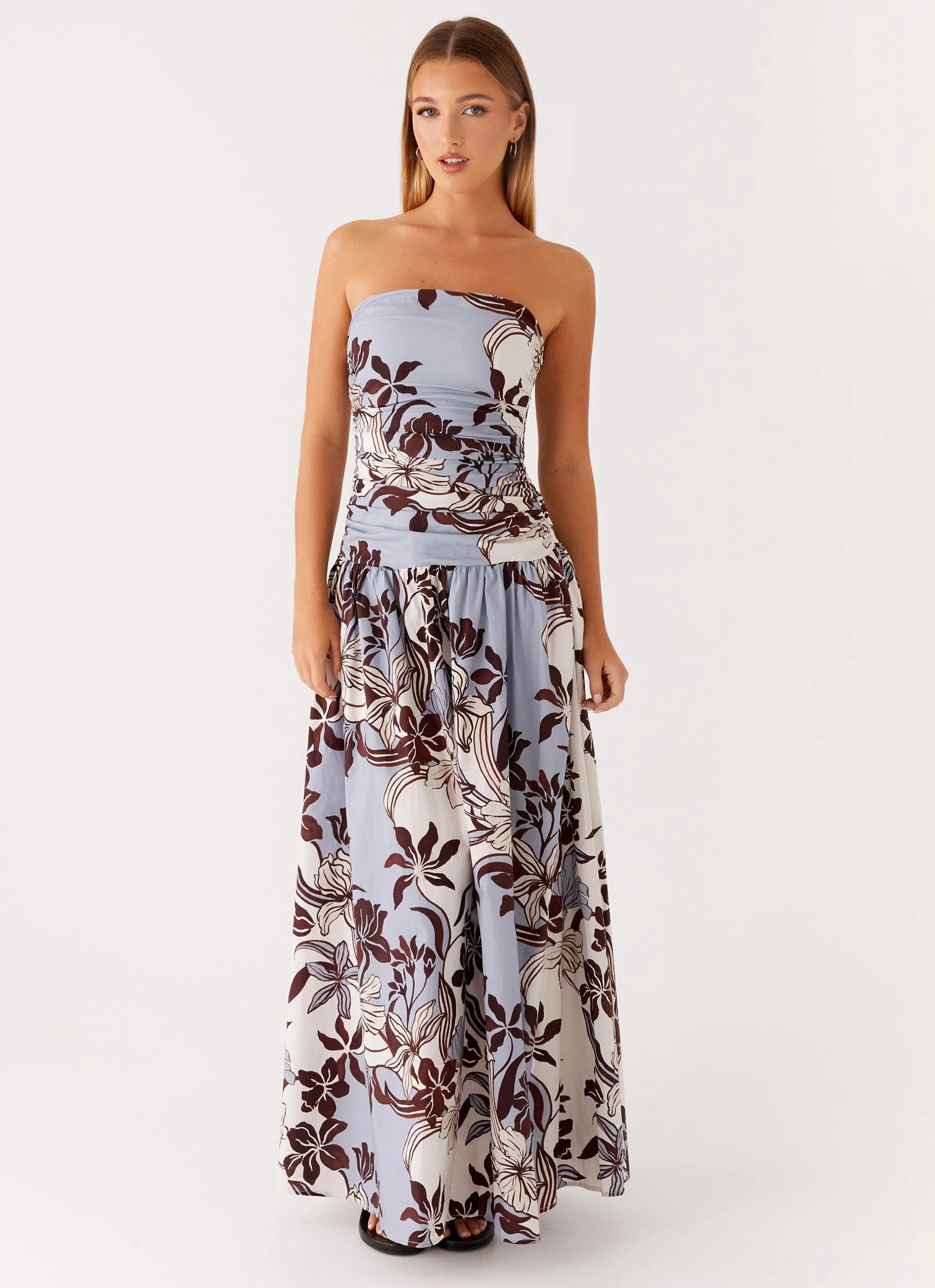 Carmel Maxi Dress - Bluewood Blossom Linen Soft Mood Glow