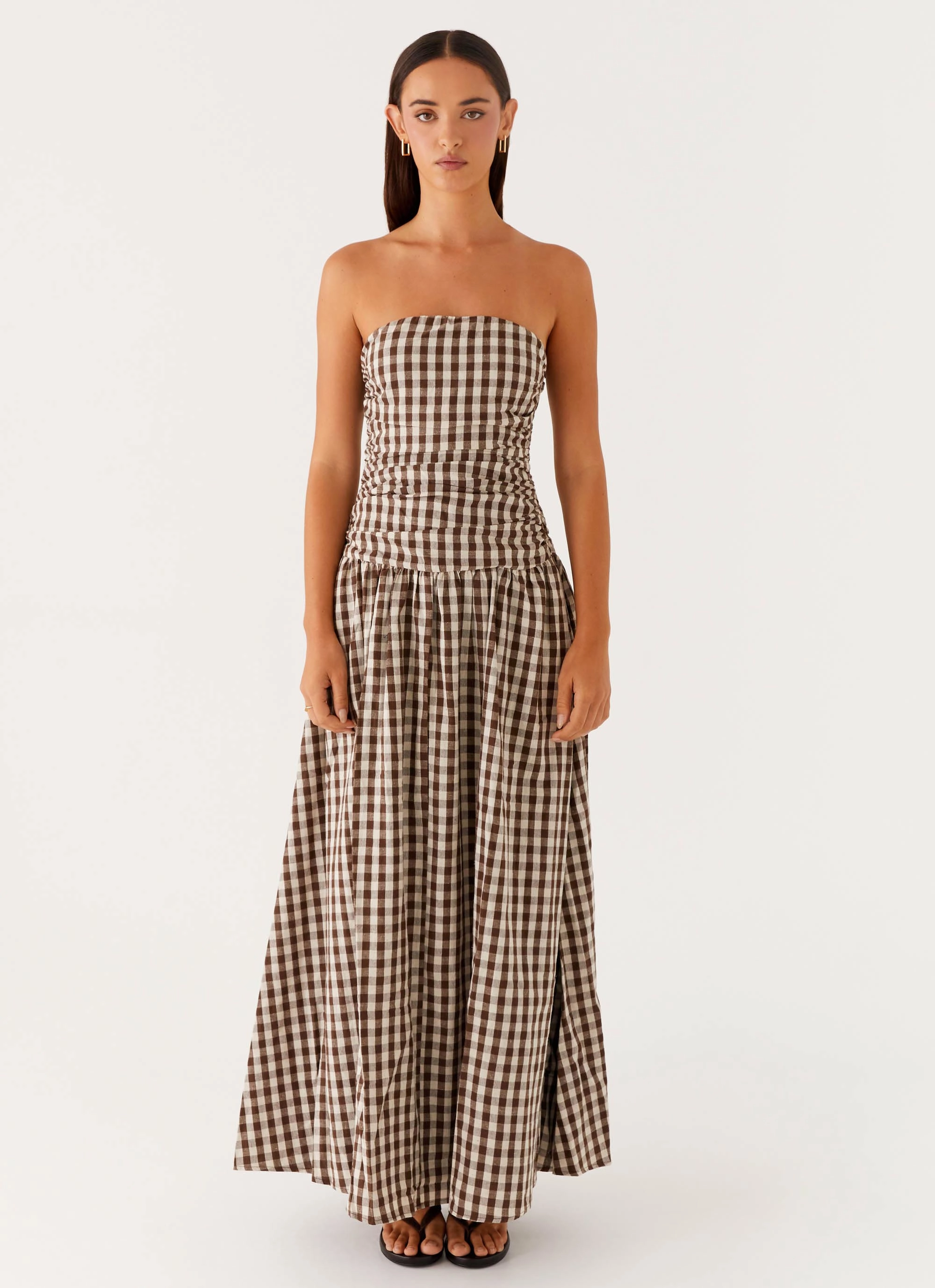 Carmel Maxi Dress - Brown Gingham Practical Coat