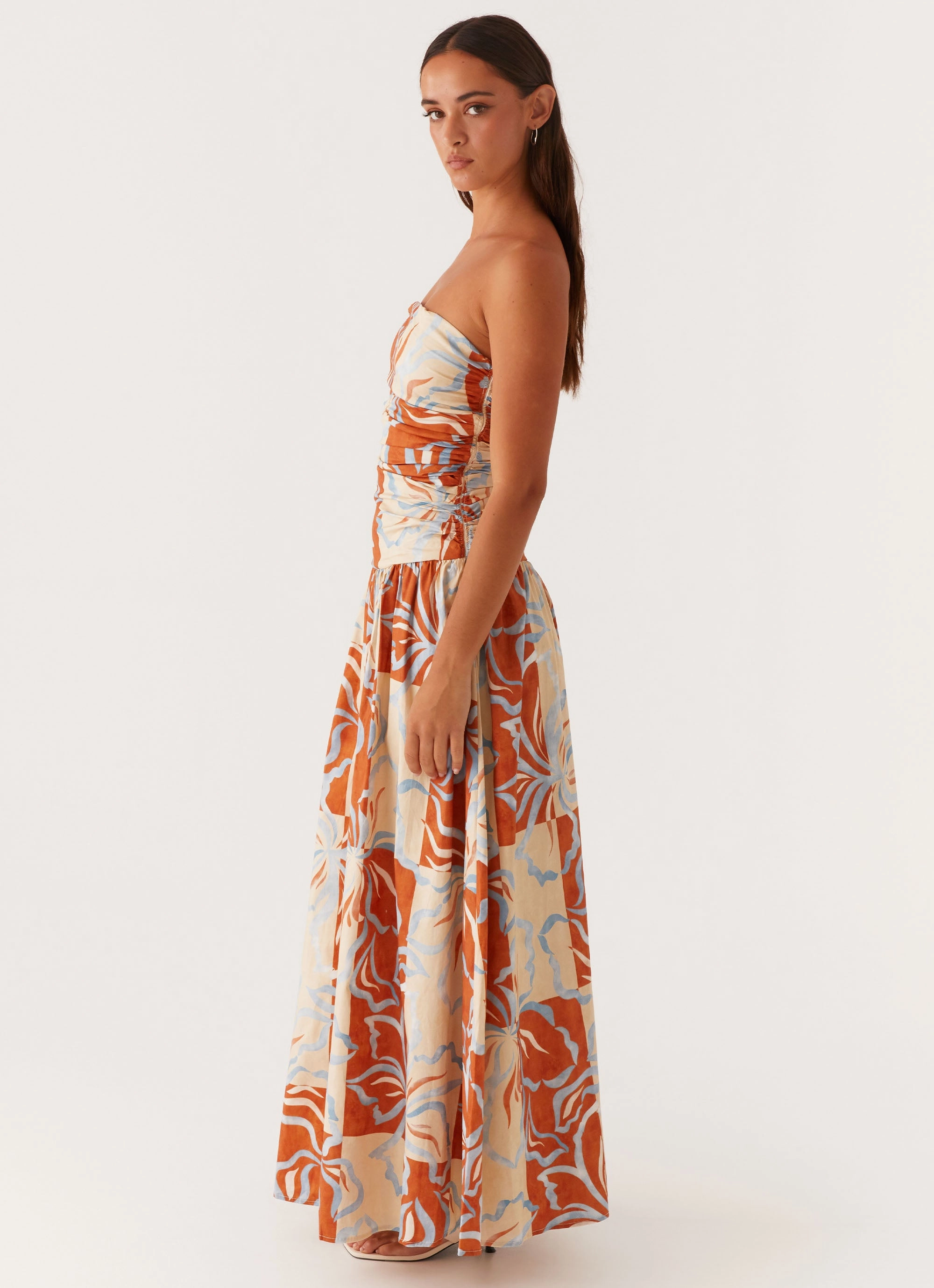 Carmel Maxi Dress - Orange Blue Floral Short Length