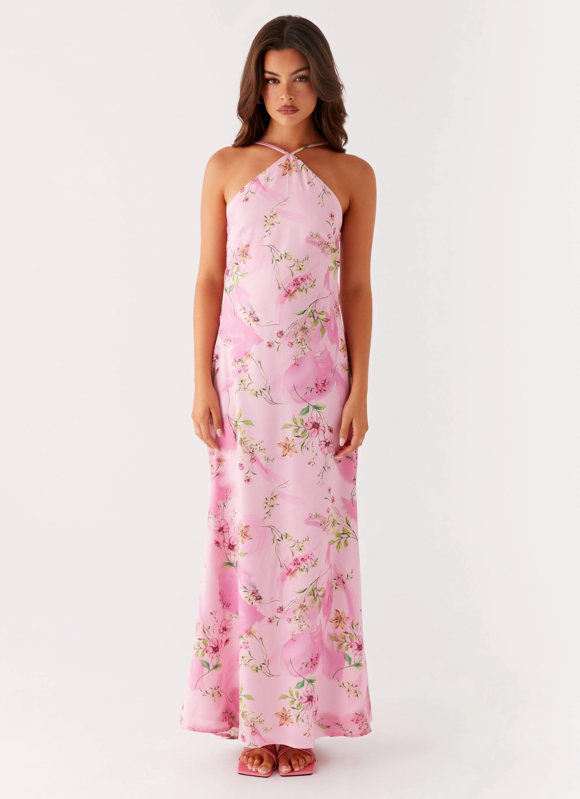 Pascal Maxi Dress - Pink Floral Print Shawl Lapel