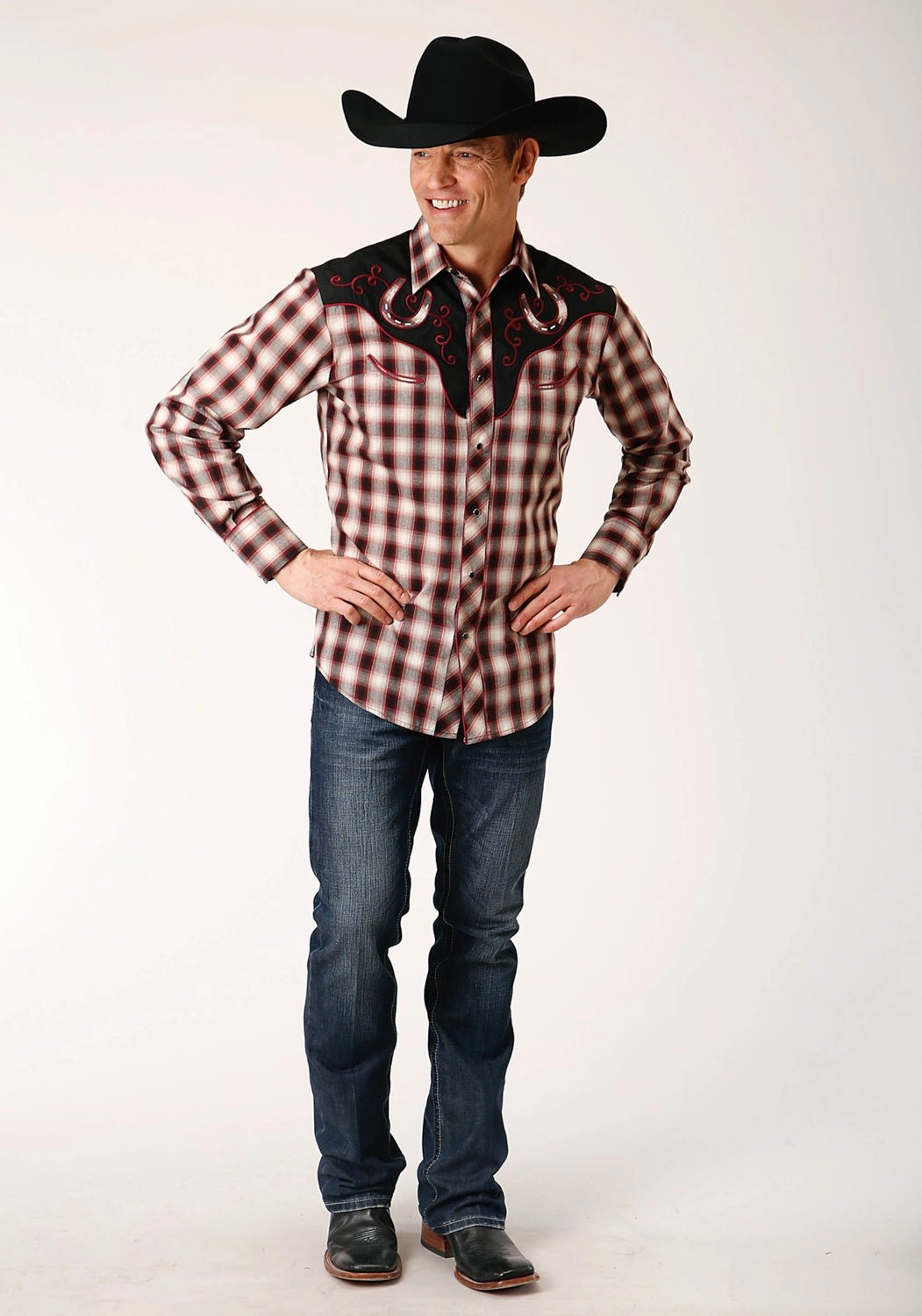 Roper Mens Fancy Yoke Horseshoe Wine/Cream Cotton Blend L/S Shirt Trendy Vibes Adjustable Cuff Closure