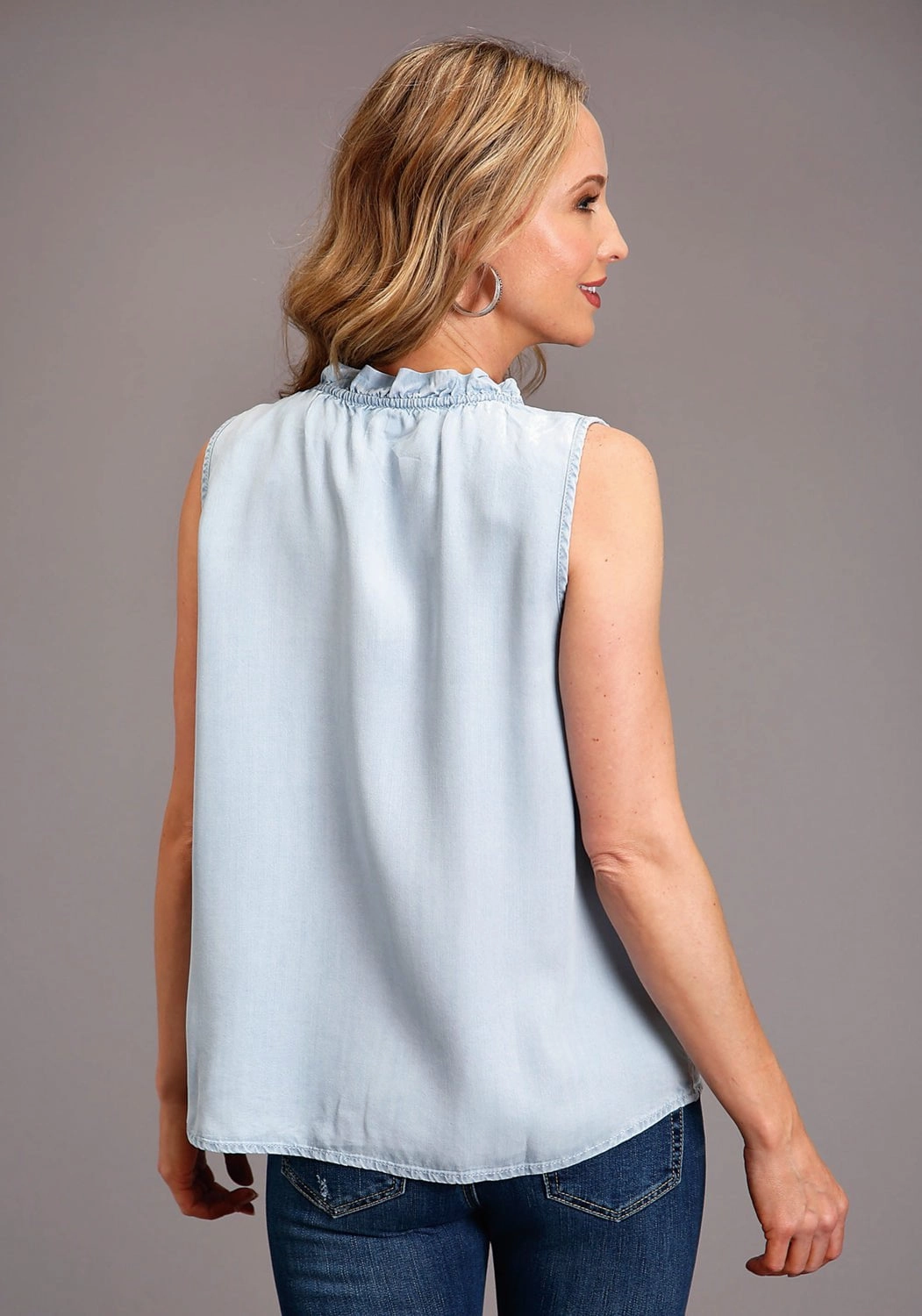 Stetson Womens Light Blue Denim Ruffle V-Neck S/L Blouse Stylish Appearance Holiday Travel