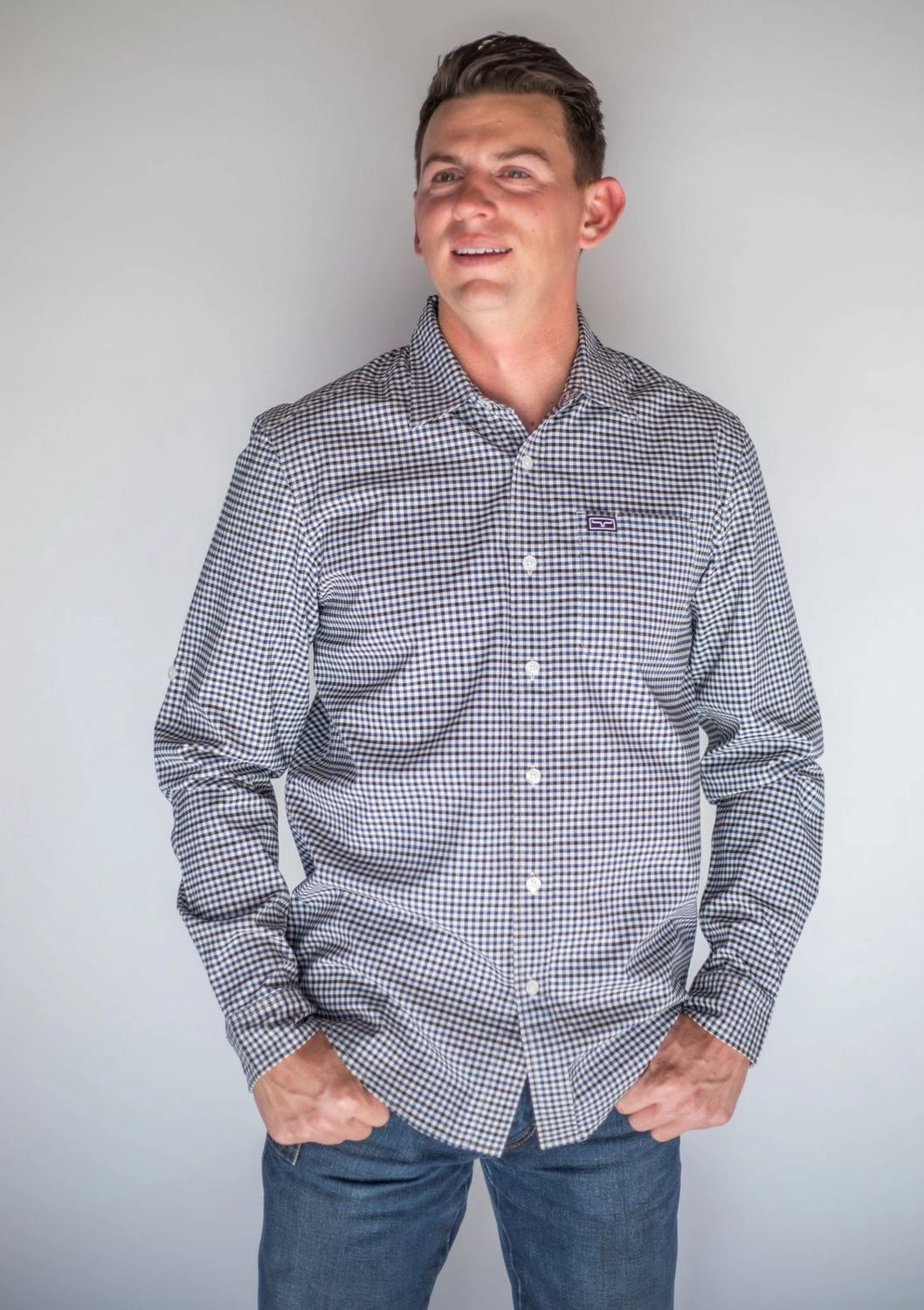 Breathable back panel Kimes Ranch Mens Welton Dress Navy Cotton blend L/S Shirt