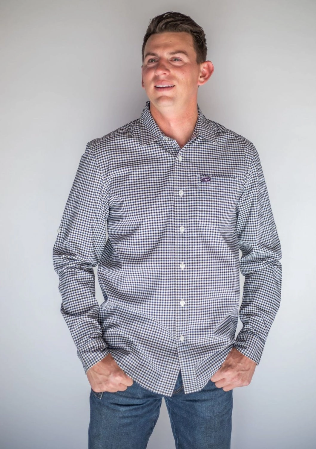 birthday celebration Kimes Ranch Mens Welton Dress Navy Cotton blend L/S Shirt