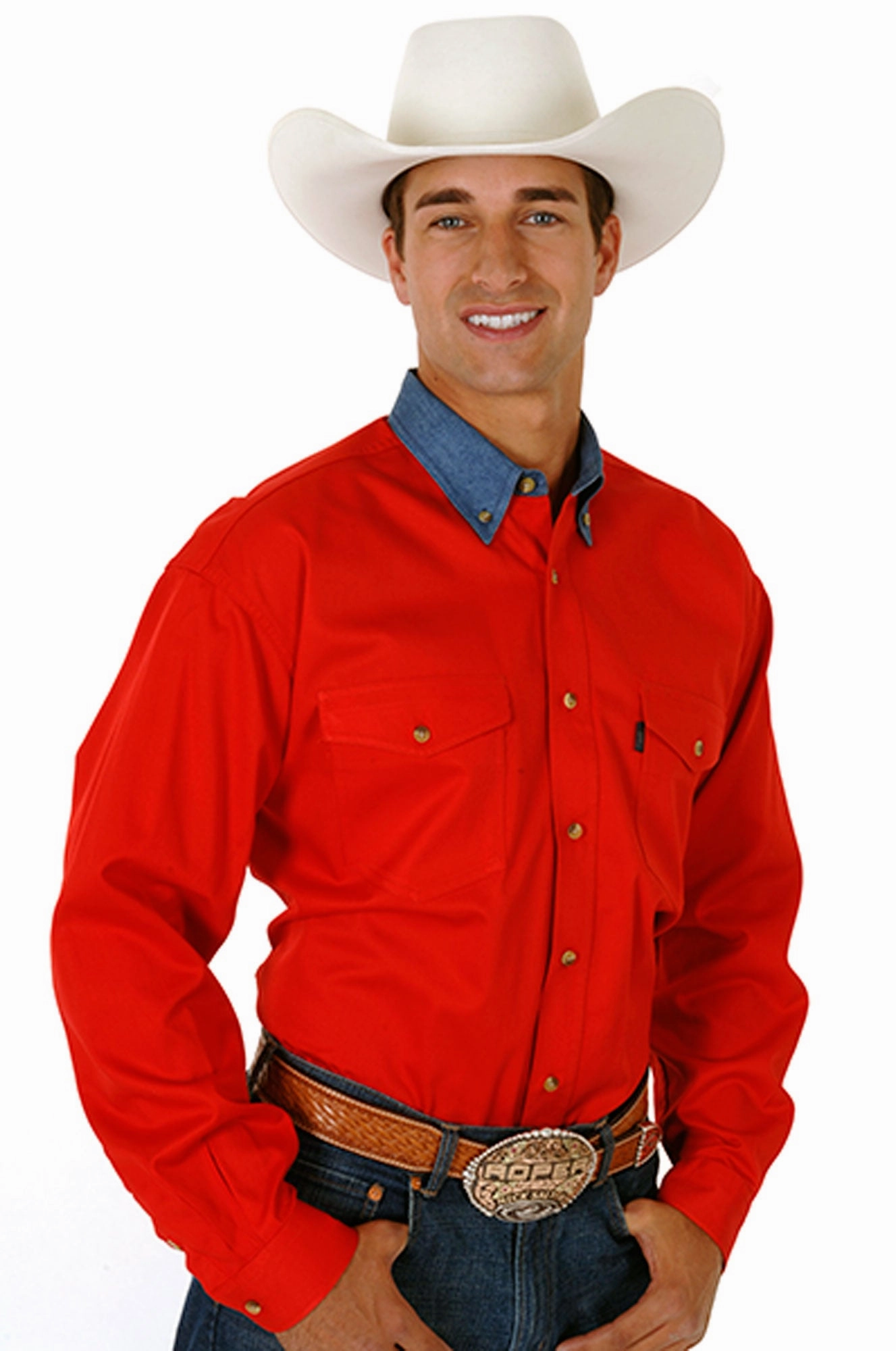 Modern Aesthetic Roper Mens Basics Red 100% Cotton L/S Tall Denim Contrast Western Shirt