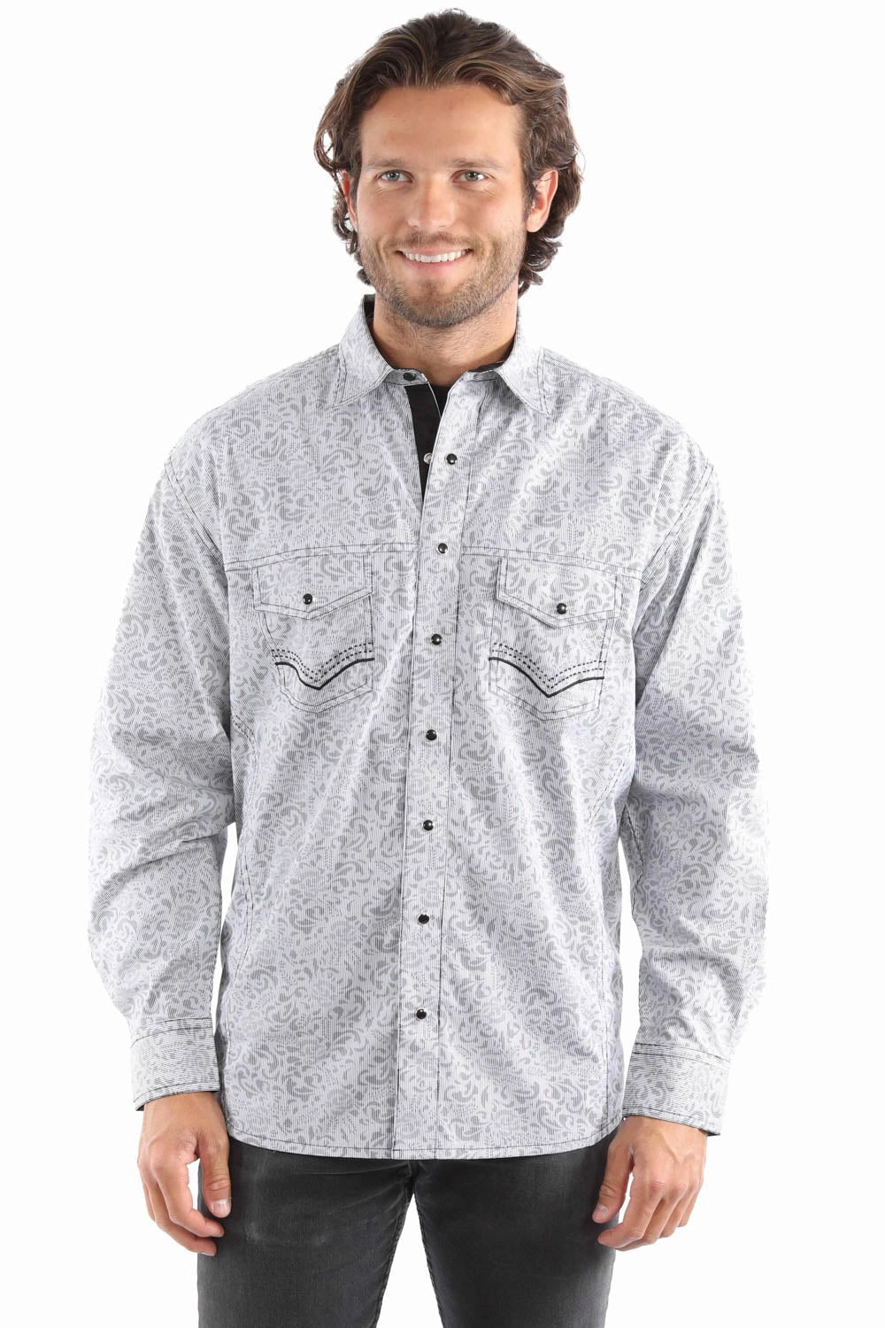 Scully Mens Signature Stripe Pick Stitch Grey 100% Cotton L/S Shirt Unisex Design